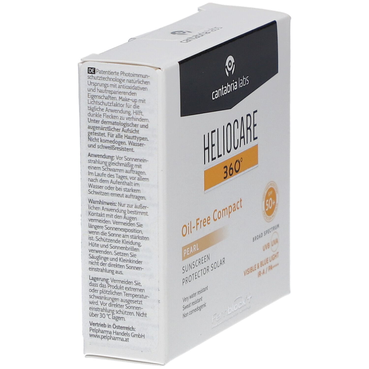 Heliocare Color Oil-free Compact, fair. Boîte blanche avec informations et ingrédients.
