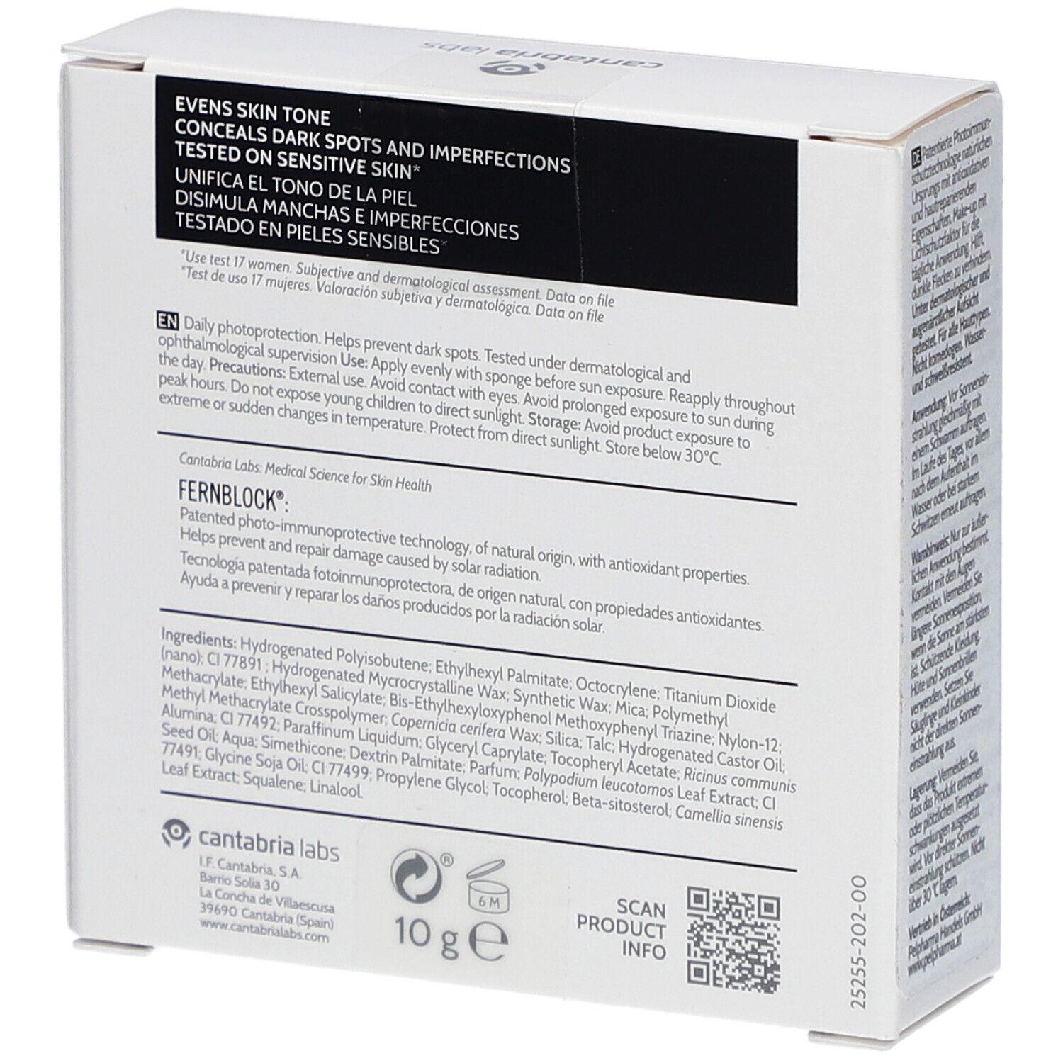Heliocare Color Oil-free Compact, fair. Boîte blanche avec informations et code QR.