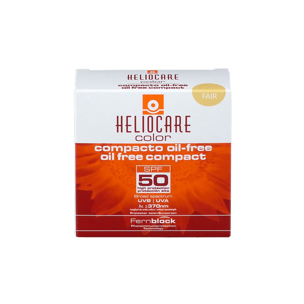 Heliocare Color Compact-Verpackung. Weißer Karton mit Produktinformationen. SPF 50+.