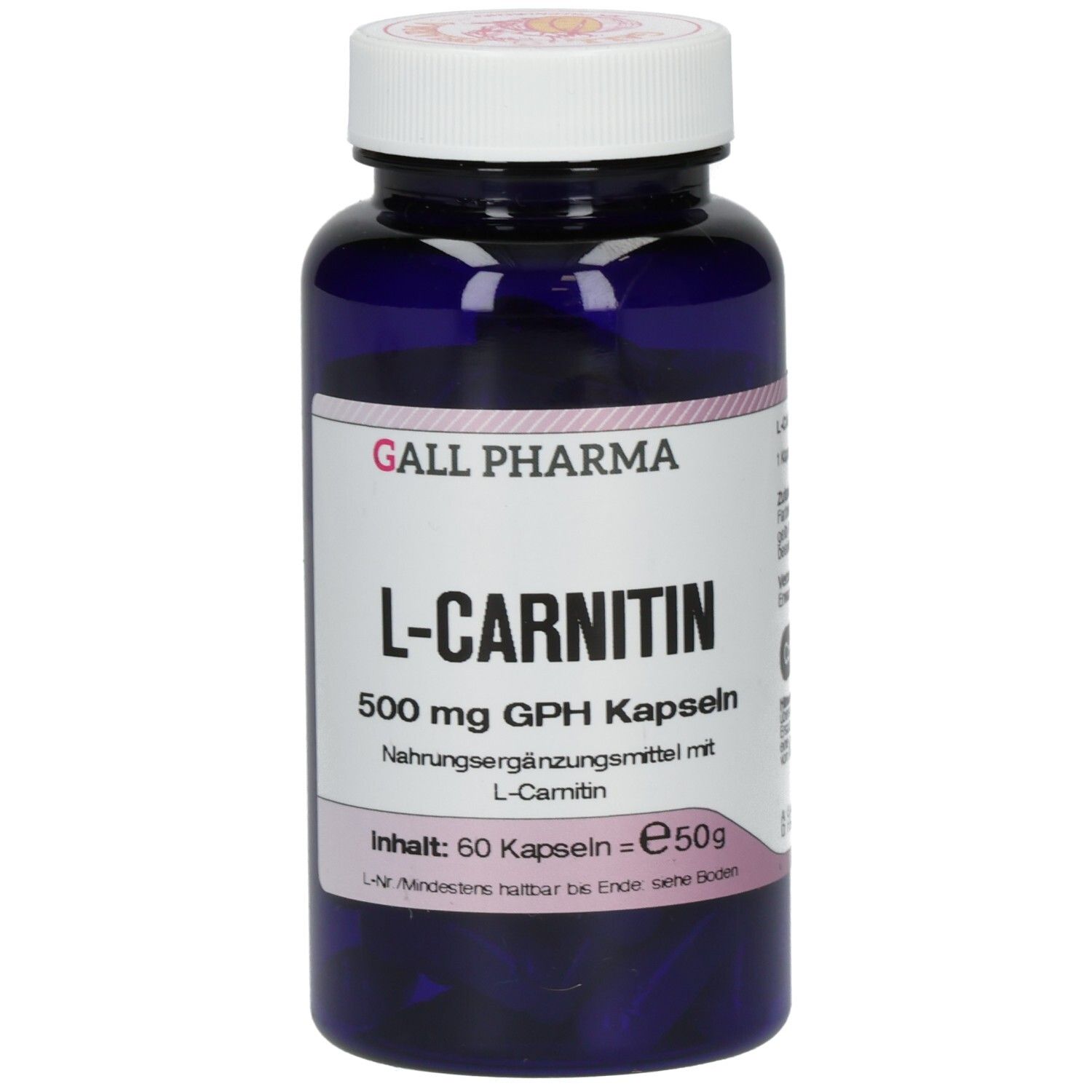Blaue Flasche mit weißem Deckel. Aufschrift: L-Carnitin 500 mg GPH Kapseln. Inhalt: 60 Kapseln.