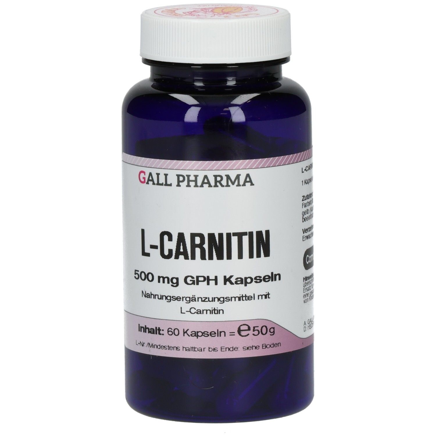 Blaue Flasche mit weißen Deckel. Aufschrift: L-Carnitin 500 mg GPH Kapseln. Inhalt: 60 Kapseln.