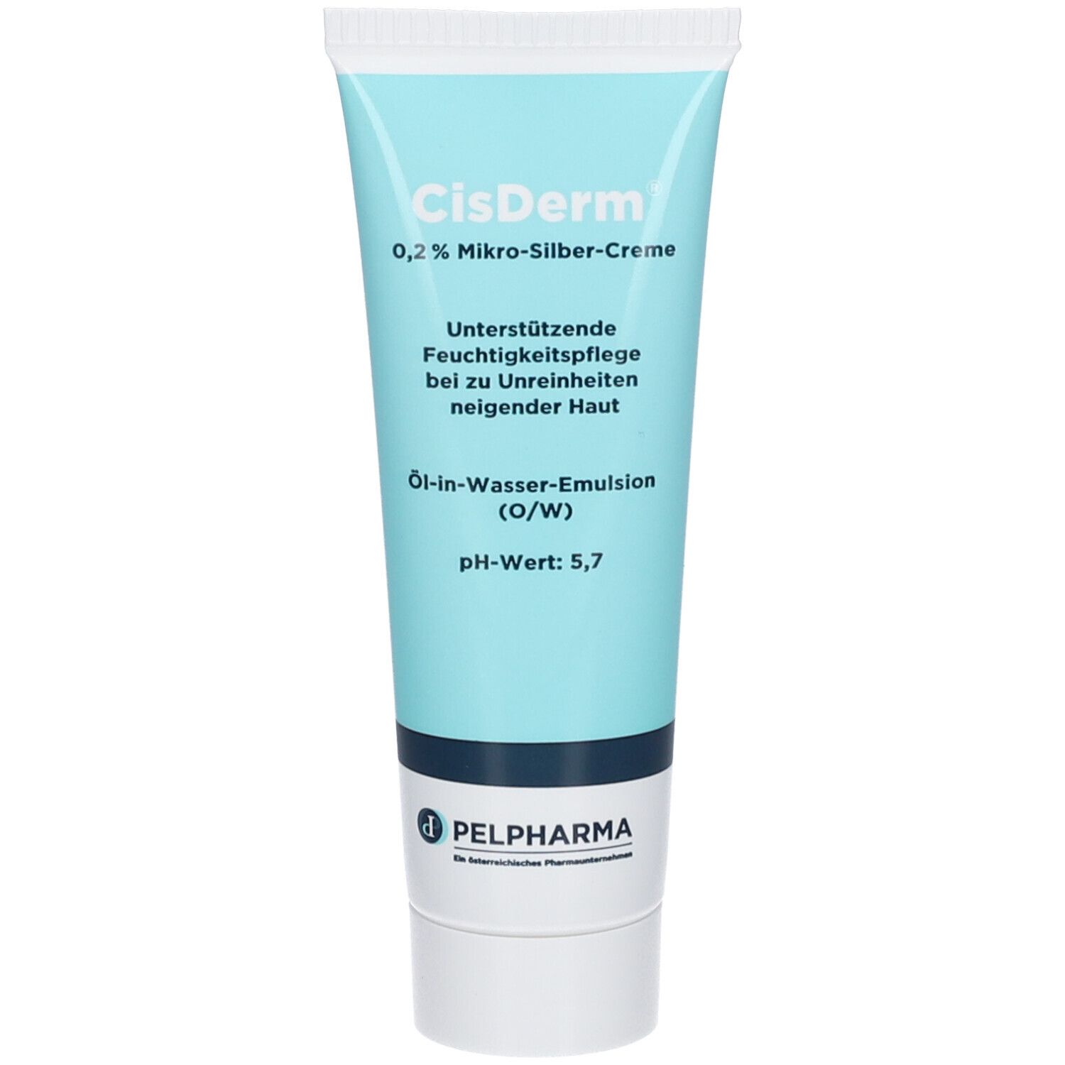 Tube de crème CisDerm, bleu clair. Contient 0,2% de micro-argent. Texte : soin hydratant pour peaux impures. pH 5,7. Marque : PELPHARMA.