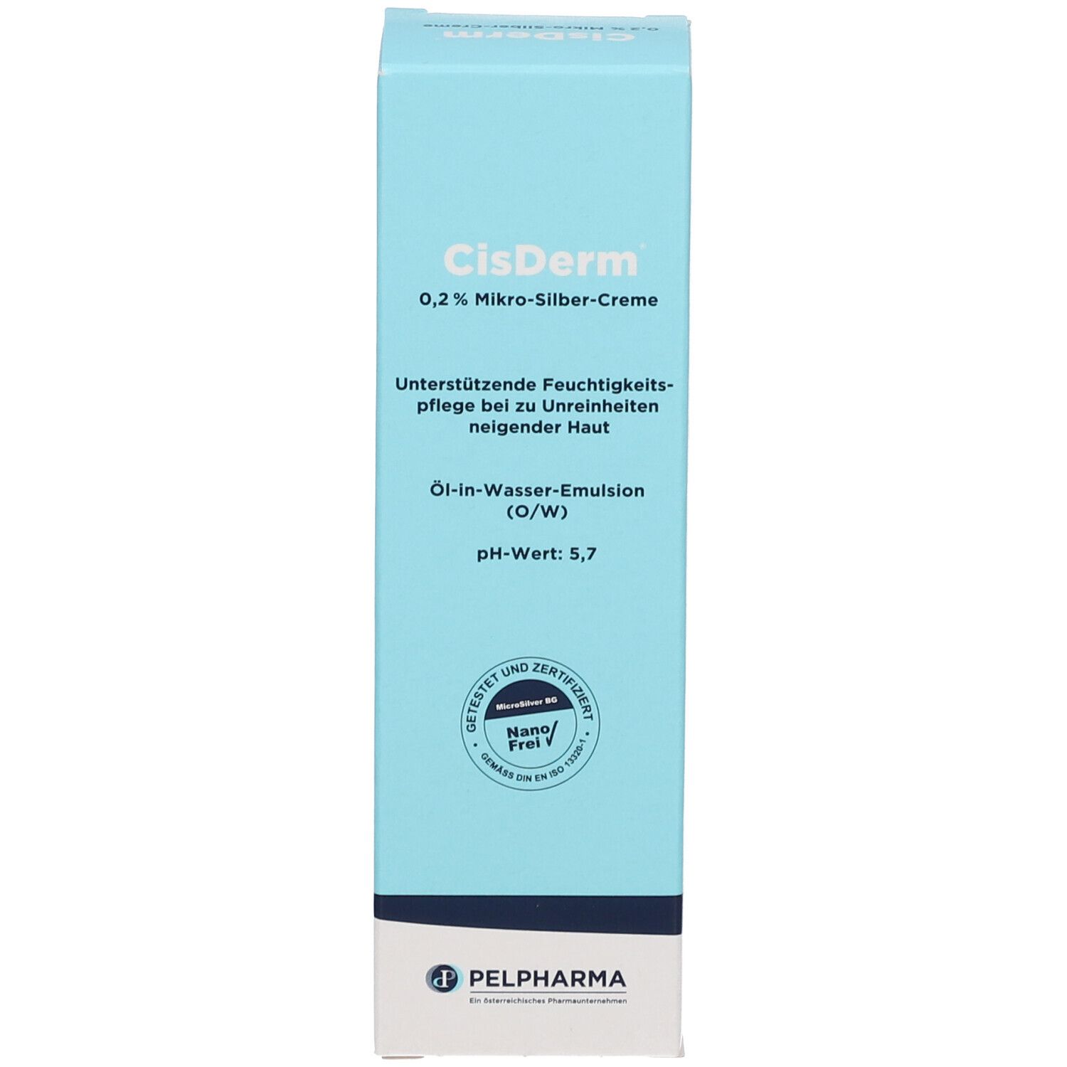 Face avant de la boîte de crème CisDerm. Bleu clair avec informations sur le produit. Certifications. Marque : PELPHARMA.