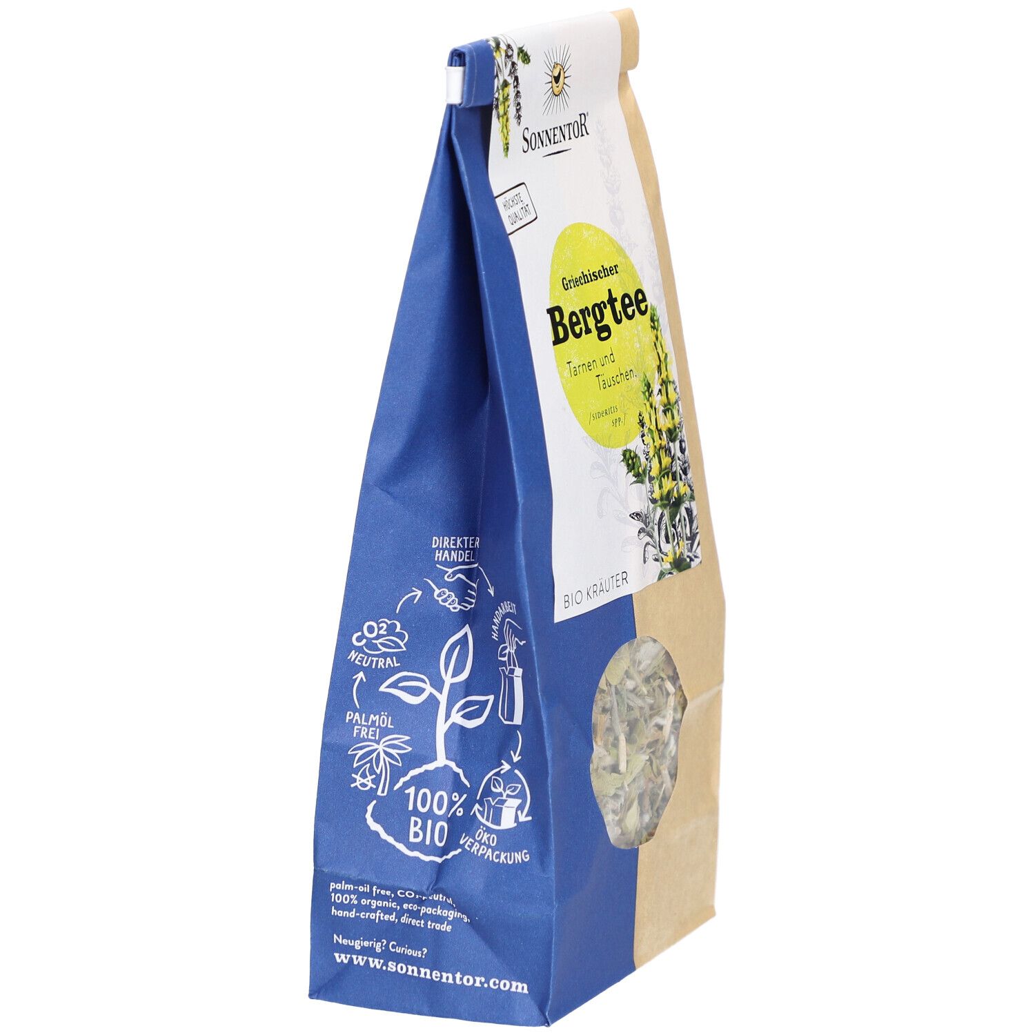 Sachet bleu et marron de thé en vrac. Impression : Sonnentor, Bio, CO2 neutre, sans huile de palme. Fenêtre avec herbes.