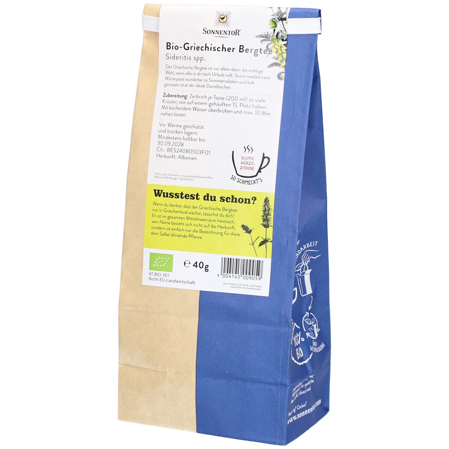 Dos du sachet de thé. Impression : Bio-Griechischer Bergtee, préparation, 40g, label bio. Texte et illustrations.
