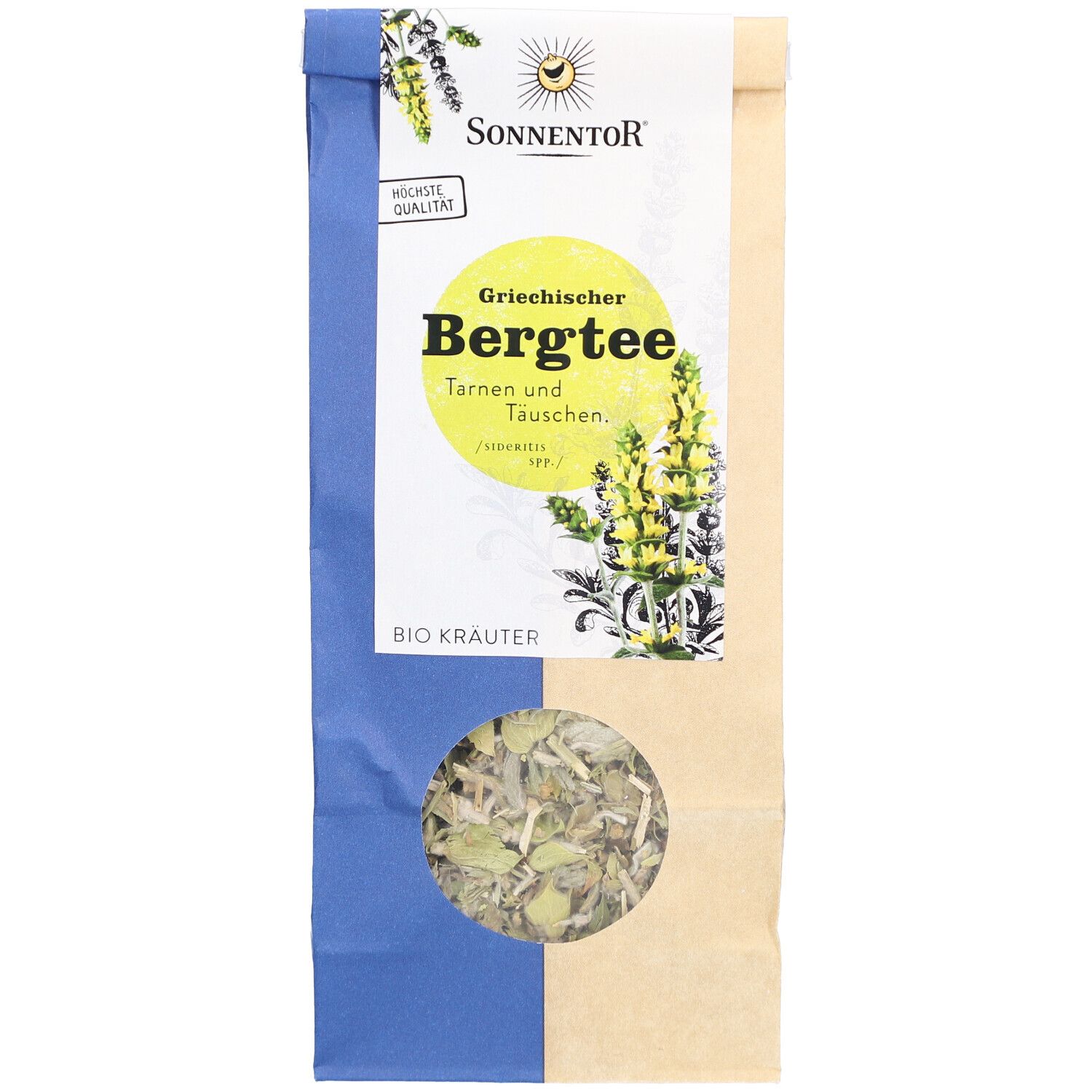 Sachet de thé de montagne en vrac. Fenêtre montrant des herbes. Impression : Sonnentor, Griechischer Bergtee, Bio Kräuter.