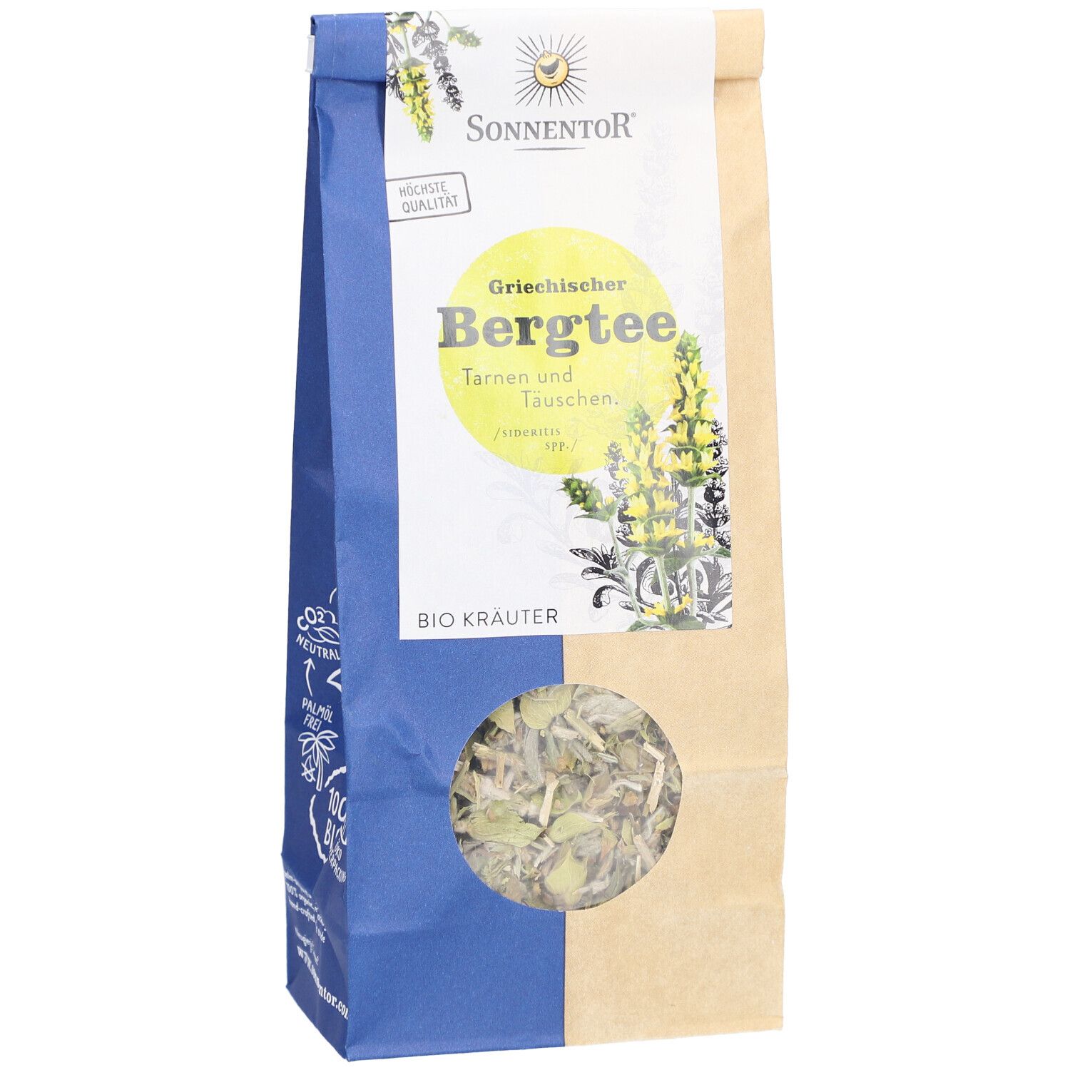Sachet de thé de montagne en vrac. Fenêtre montrant des herbes. Impression : Sonnentor, Griechischer Bergtee, Bio Kräuter.