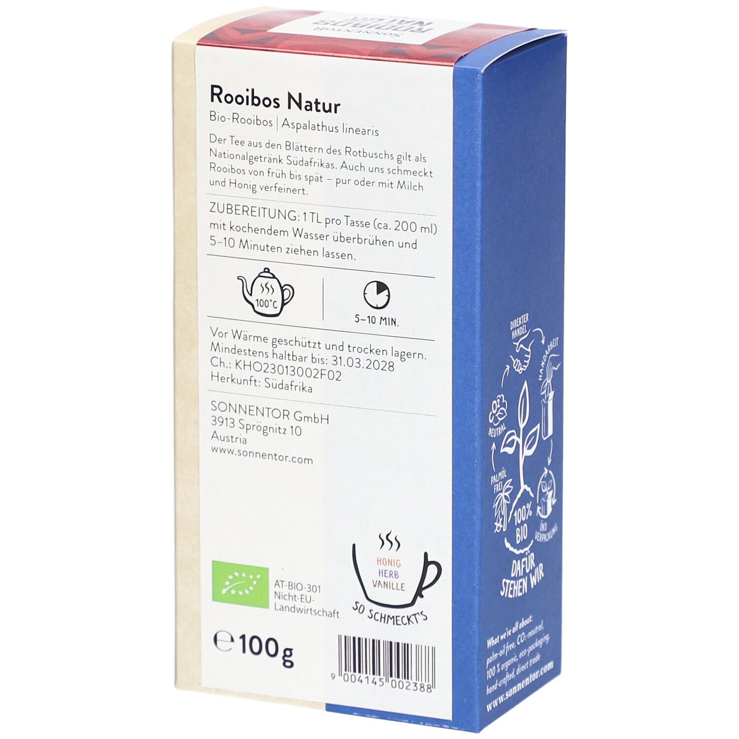 Dos de la boîte en carton. Texte sur la préparation et les ingrédients. Label bio et indication de poids : 100g.