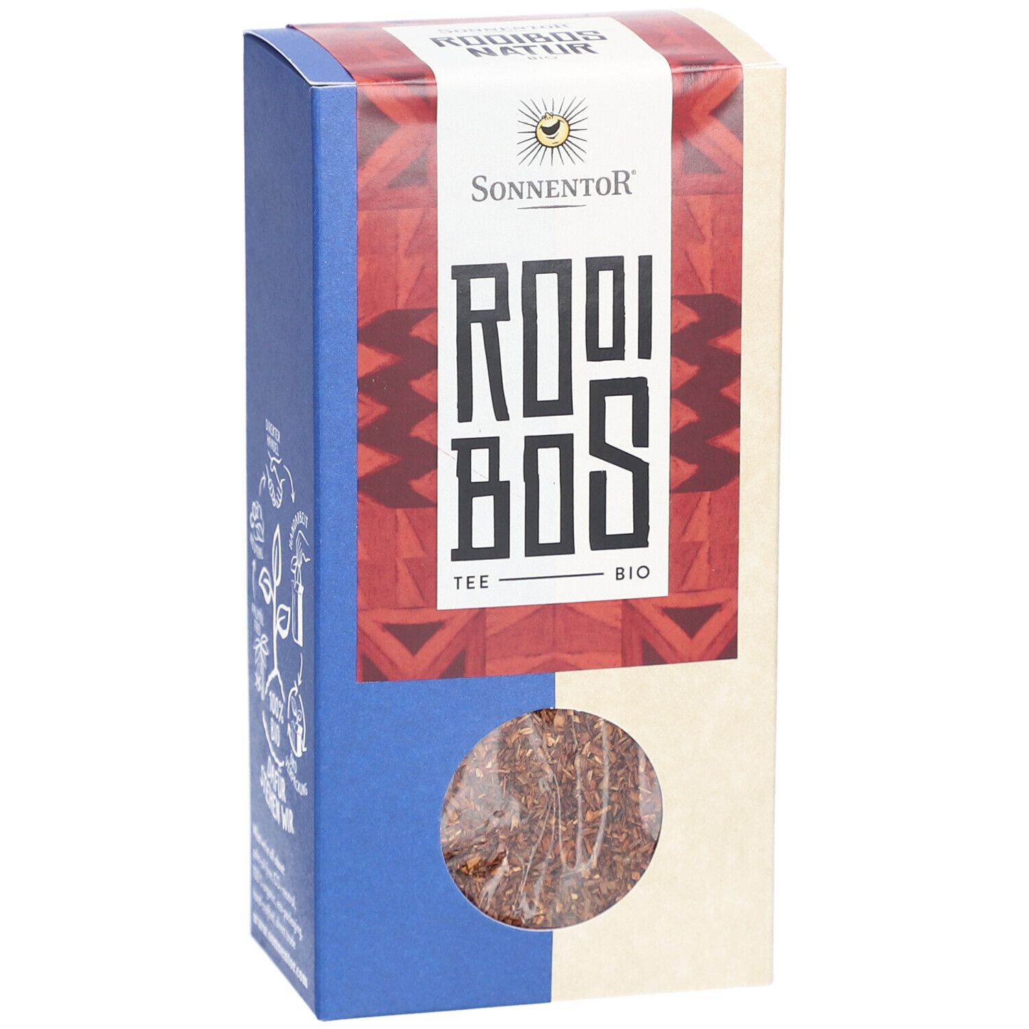 Boîte en carton avec fenêtre. Inscription : Sonnentor, Rooibos Tee Bio. Produit visible : thé Rooibos en vrac.