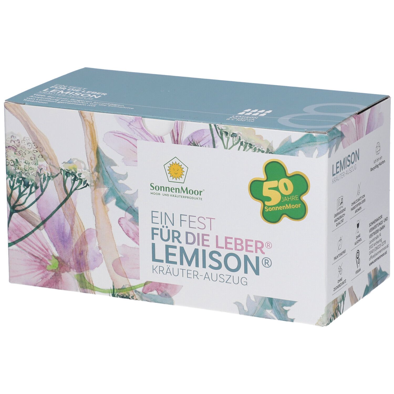 Boîte de SonnenMoor Lemison. Logo SonnenMoor, 50 ans, motifs floraux. Texte : Ein Fest für die Leber.