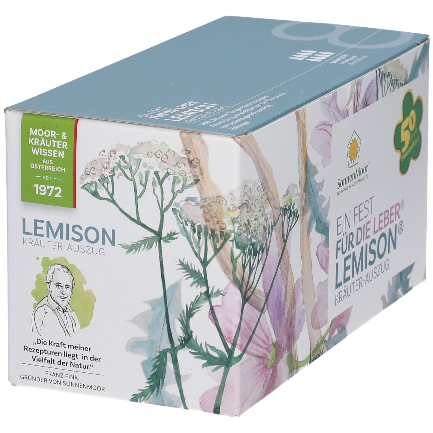 Boîte SonnenMoor Lemison. Logo, 50 ans, motifs floraux. Texte : Ein Fest für die Leber. Citation de Franz Fink.