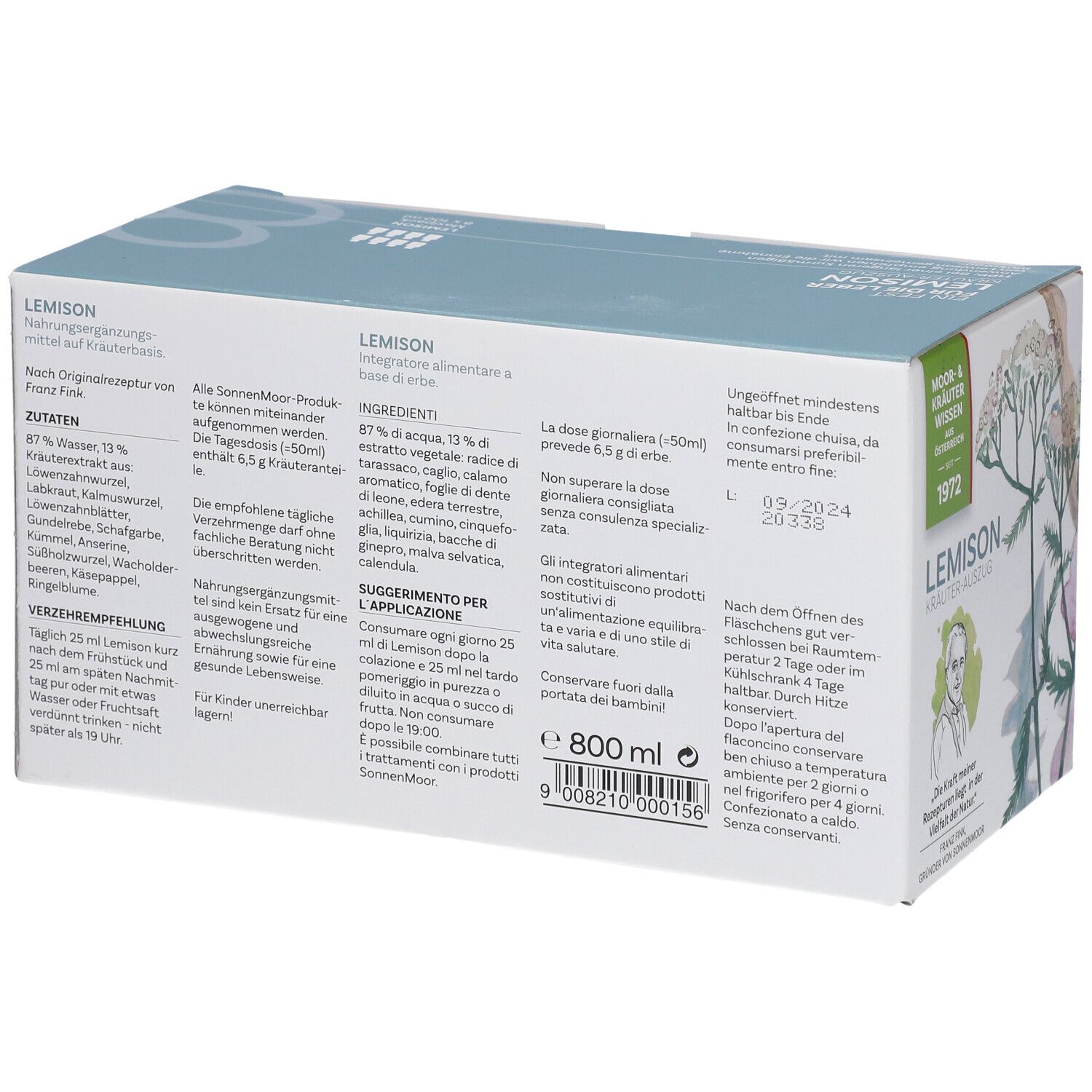 Dos de l'emballage SonnenMoor Lemison. Textes : ingrédients, mode d'emploi, date limite, adresse du fabricant, code-barres.