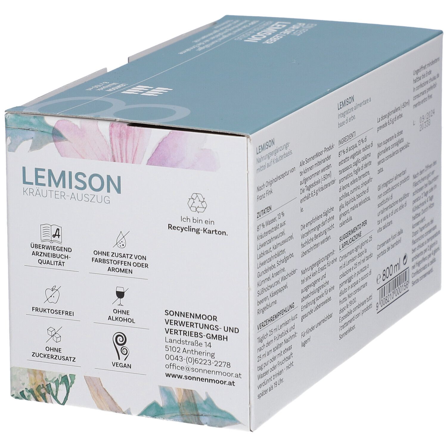 Boîte SonnenMoor Lemison. Texte : carton recyclé, ingrédients, adresse, logos : sans sucre, alcool, fructose, végétalien.