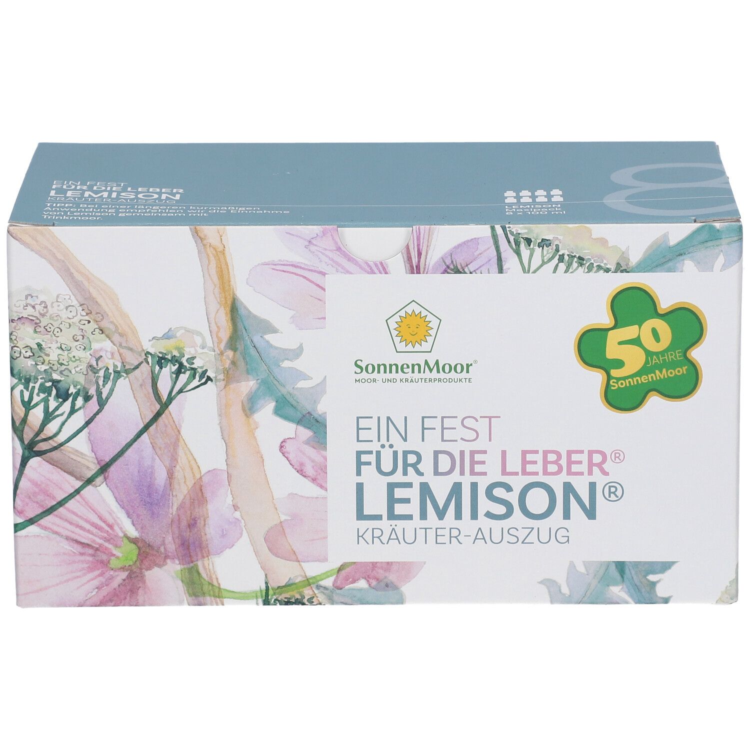 Boîte SonnenMoor Lemison. Logo SonnenMoor, 50 ans, motifs floraux. Texte : Ein Fest für die Leber. Design vert et blanc.