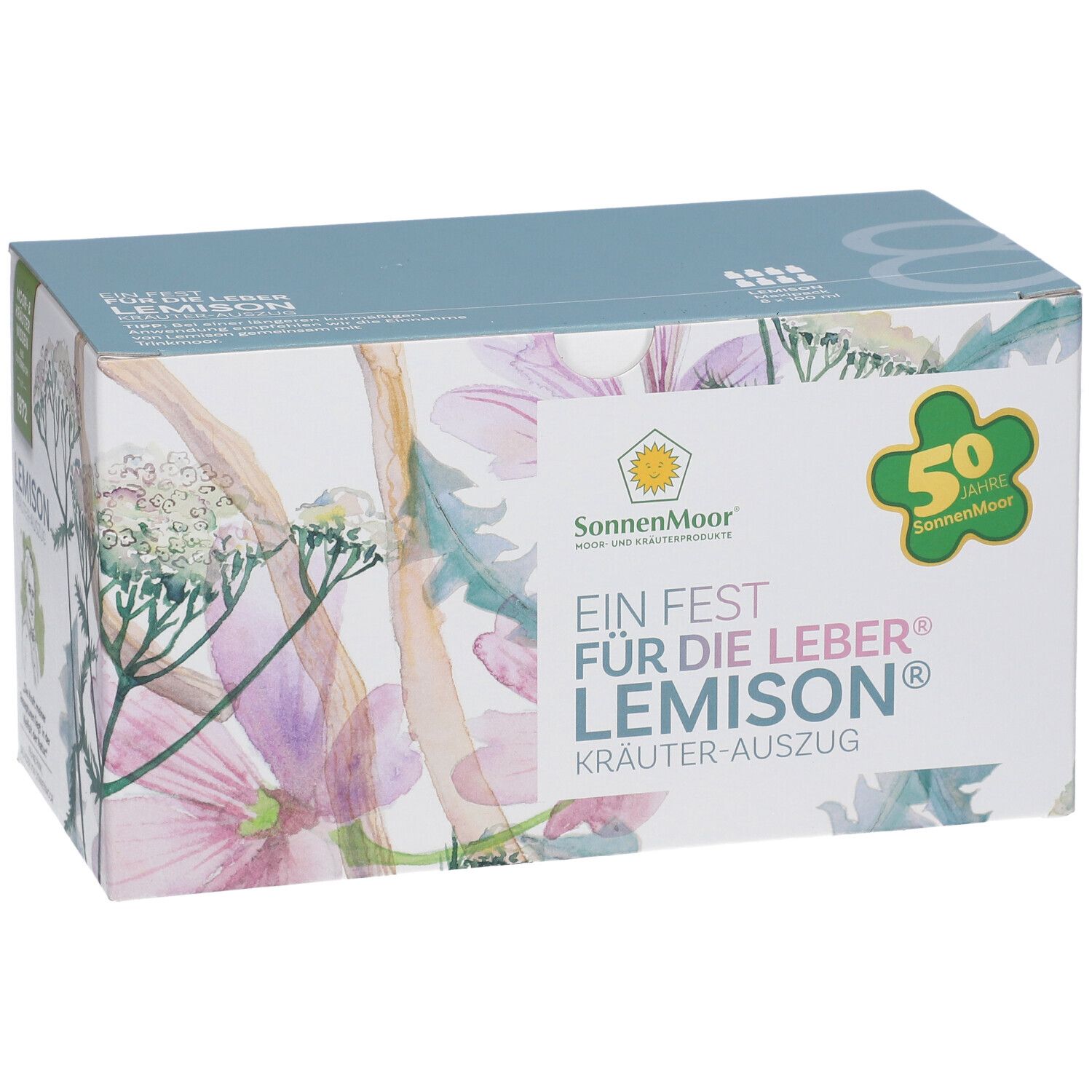 Boîte SonnenMoor Lemison. Logo SonnenMoor, 50 ans, motifs floraux. Texte : Ein Fest für die Leber. Design vert et blanc.