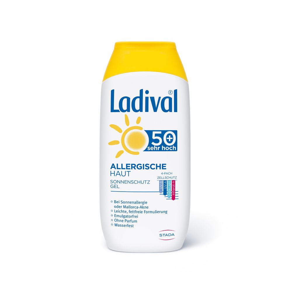 Ladival Allergie Gel 50+ Flasche. Gelb-weiße Flasche mit gelbem Deckel. Text: Allergische Haut, Sonnenschutz Gel, 50+.