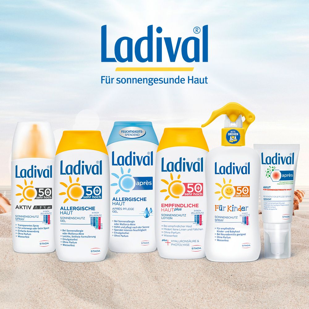 Ladival Produktreihe. Flaschen und Tuben. Text: Aktiv, Allergische Haut, Empfindliche Haut, Für Kinder, Après Pflege. 