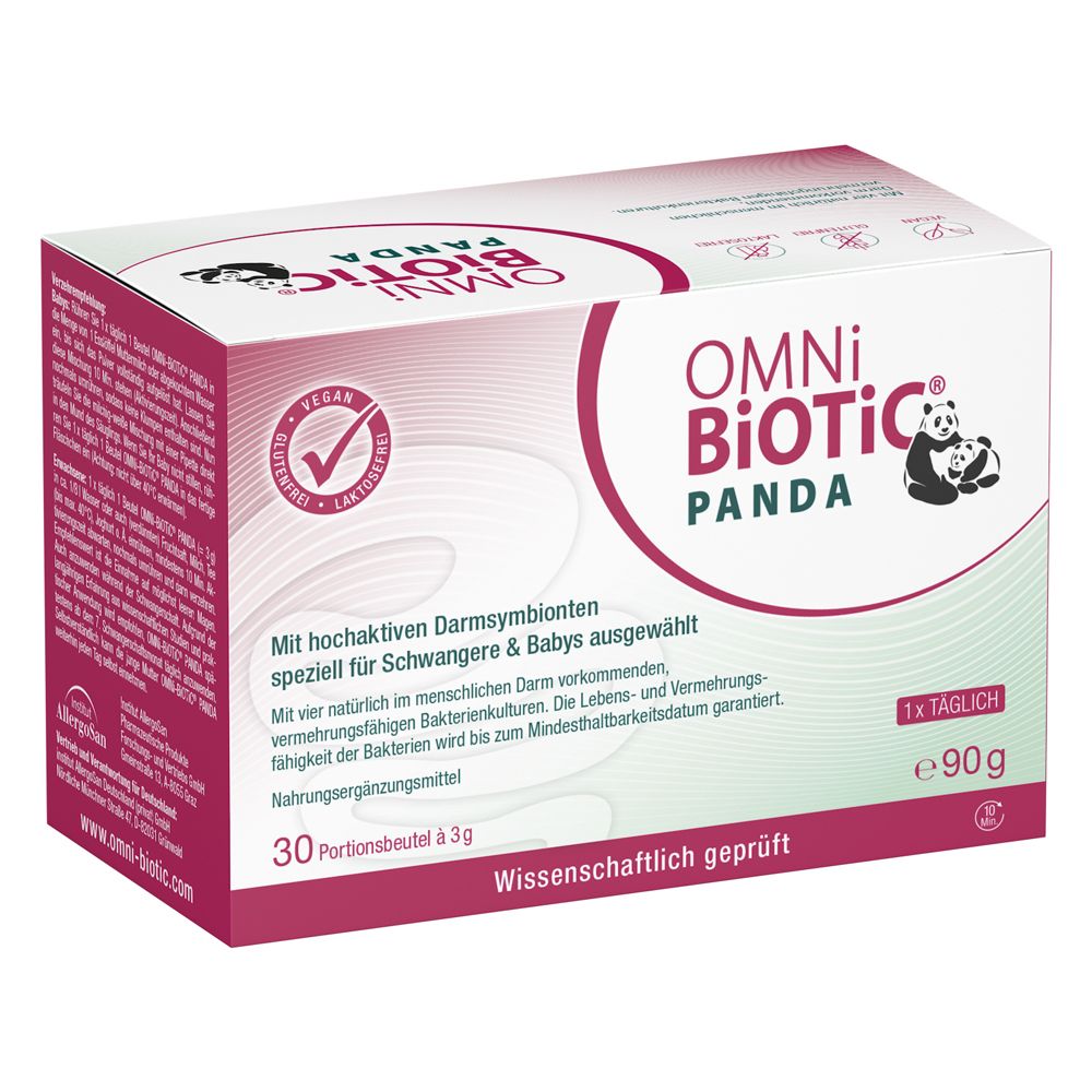 OMNI-BIOTIC® Panda Kartonverpackung mit 30 Beuteln à 3g. Enthält 90g. Wissenschaftlich geprüft.