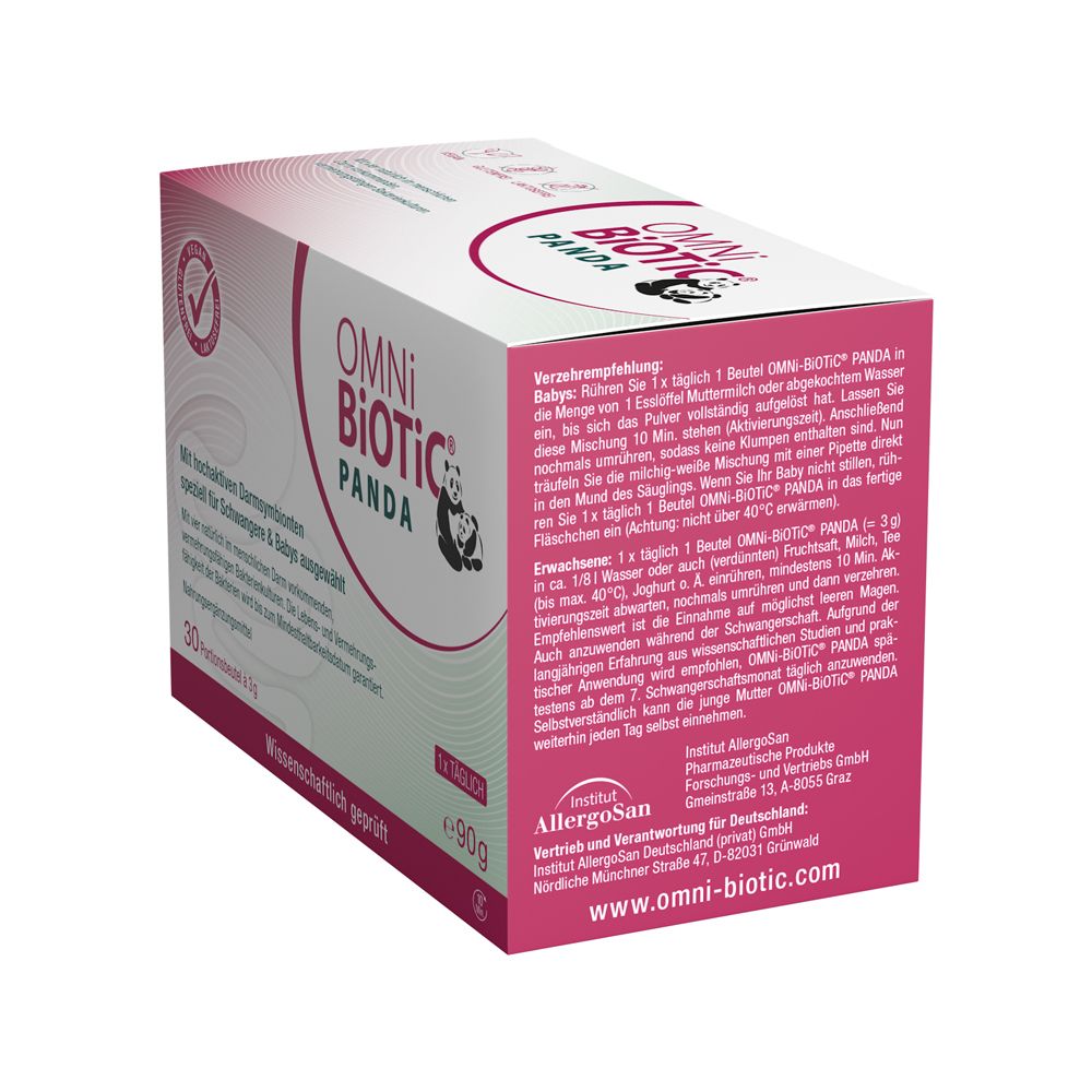 OMNI-BIOTIC® Panda Kartonverpackung mit 30 Beuteln à 3g. Enthält 90g. Wissenschaftlich geprüft.