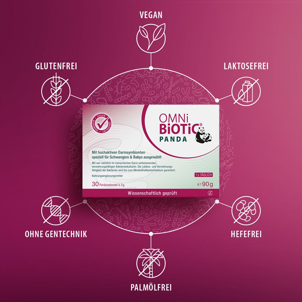 OMNI-BIOTIC® Panda Verpackung mit Siegeln für Vegan, Laktosefrei, Glutenfrei, Ohne Gentechnik, Hefefrei, Palmfrei.