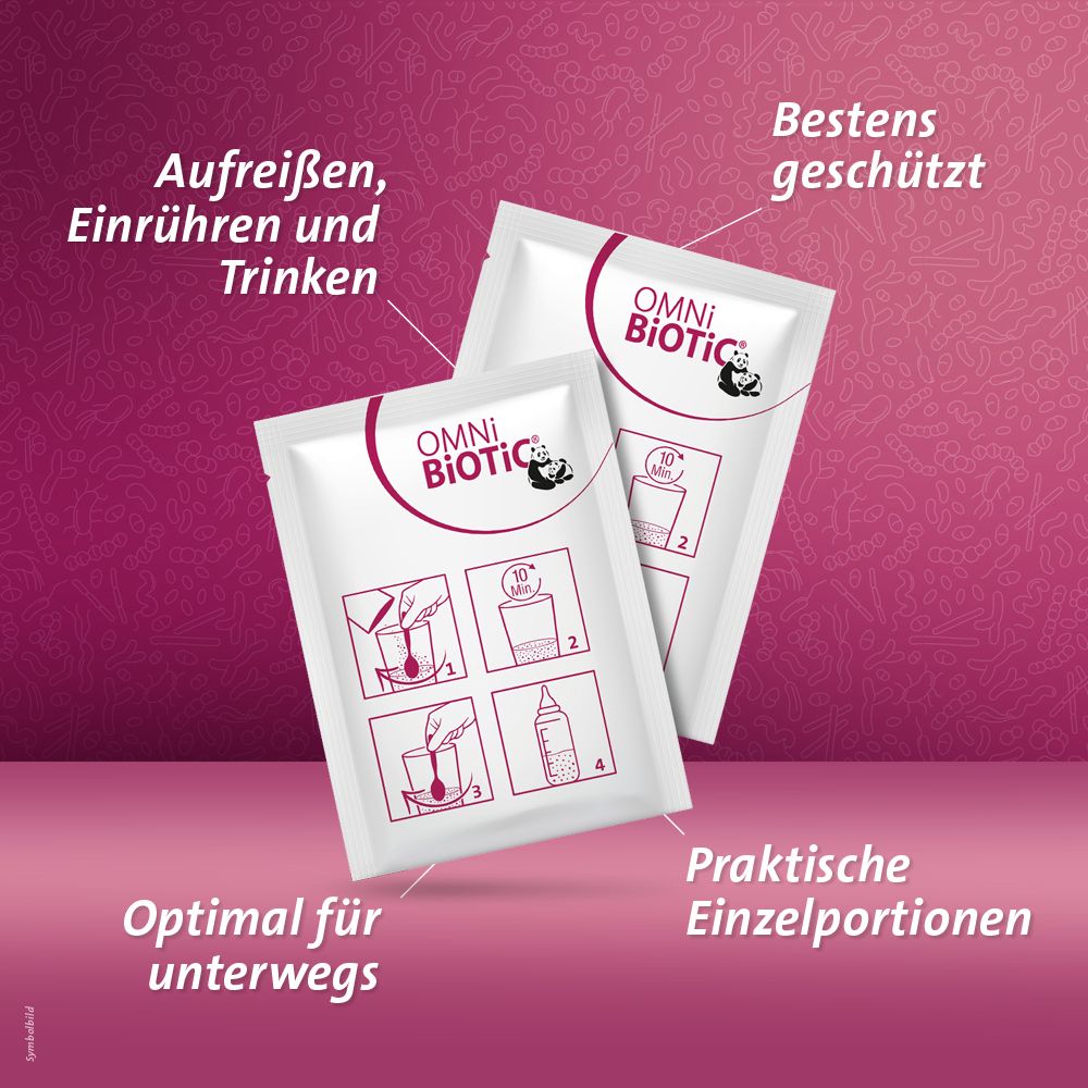 Zwei Einzelportionen OMNI-BIOTIC® Panda mit Anleitungs-Icons. Praktisch für unterwegs.