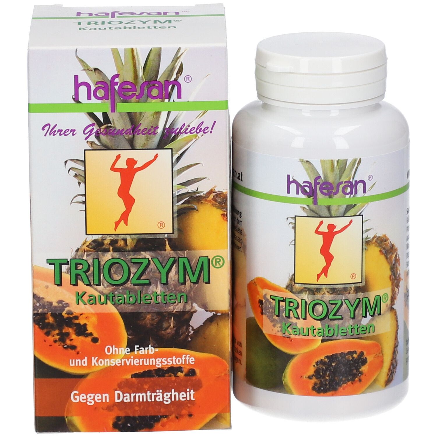 Produktpackung und Flasche mit Kautabletten. Packung mit Logo, Früchten und Produktnamen Triozym. Flasche daneben.