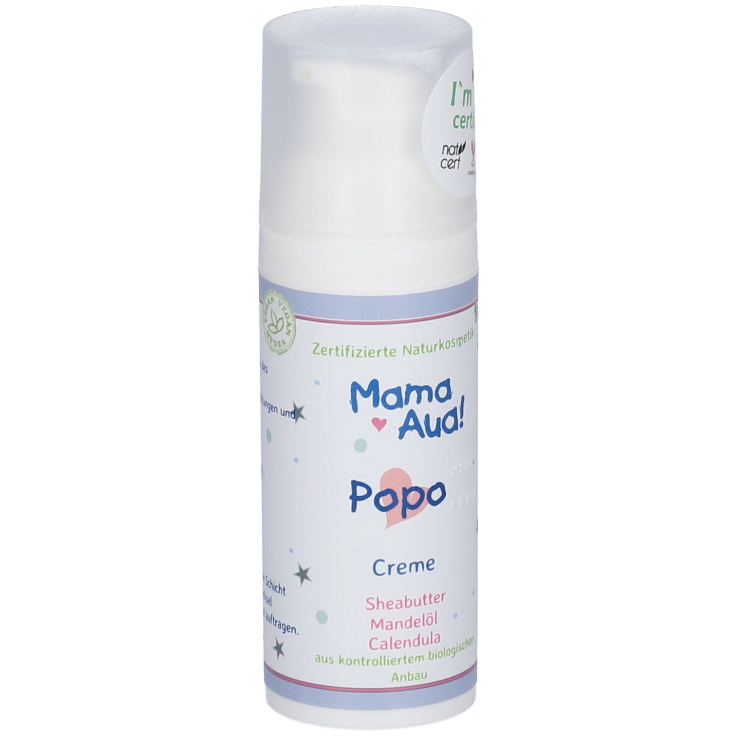 Weiße Creme-Flasche mit Pumpkopf. Aufschrift: Mama Aua! Popo, Creme, Sheabutter, Calendula. Zertifizierte Naturkosmetik. Vegan-Siegel.