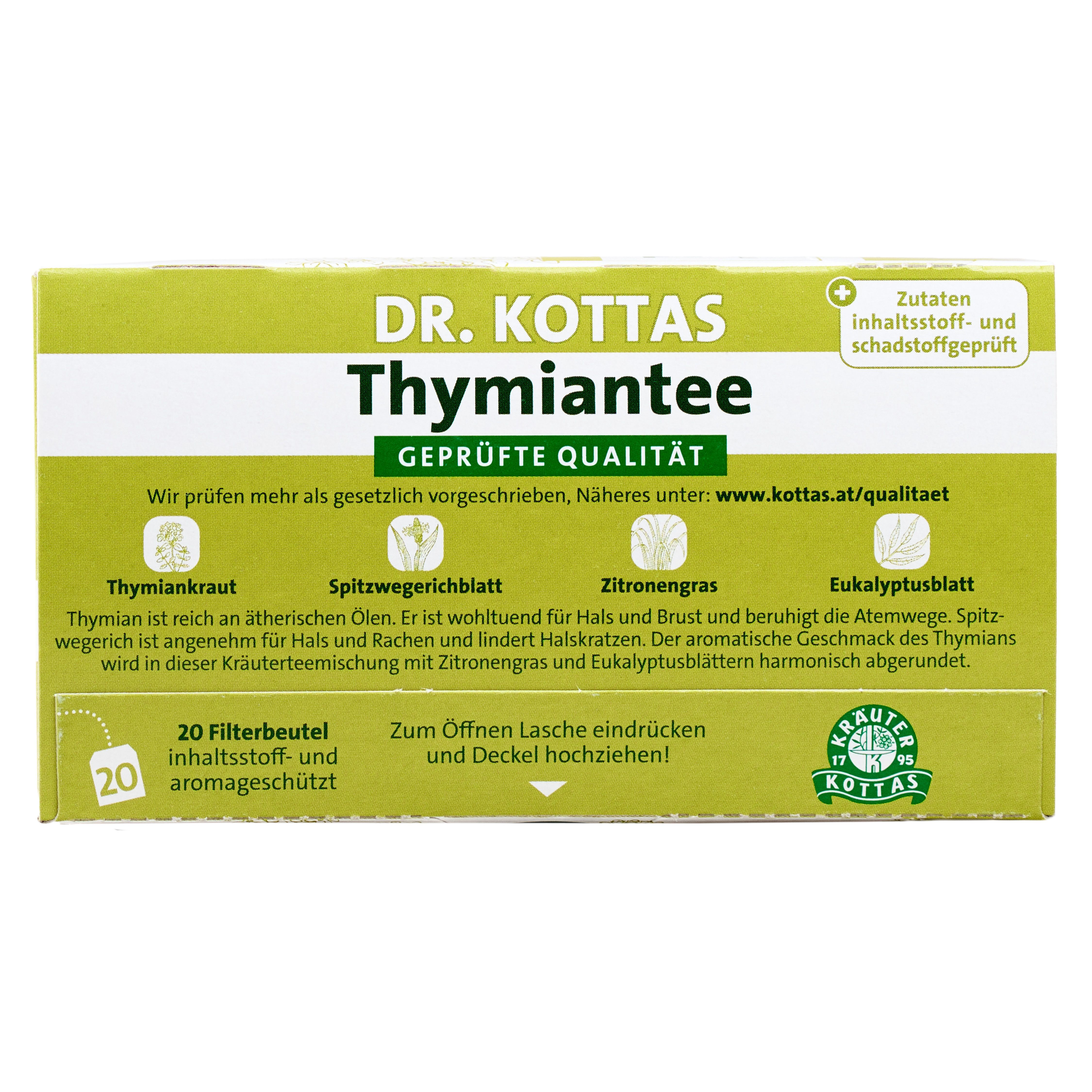 Dr. Kottas Thymiantee mit Thymian, Spitzwegerich, Zitronengras und Eukalyptus.