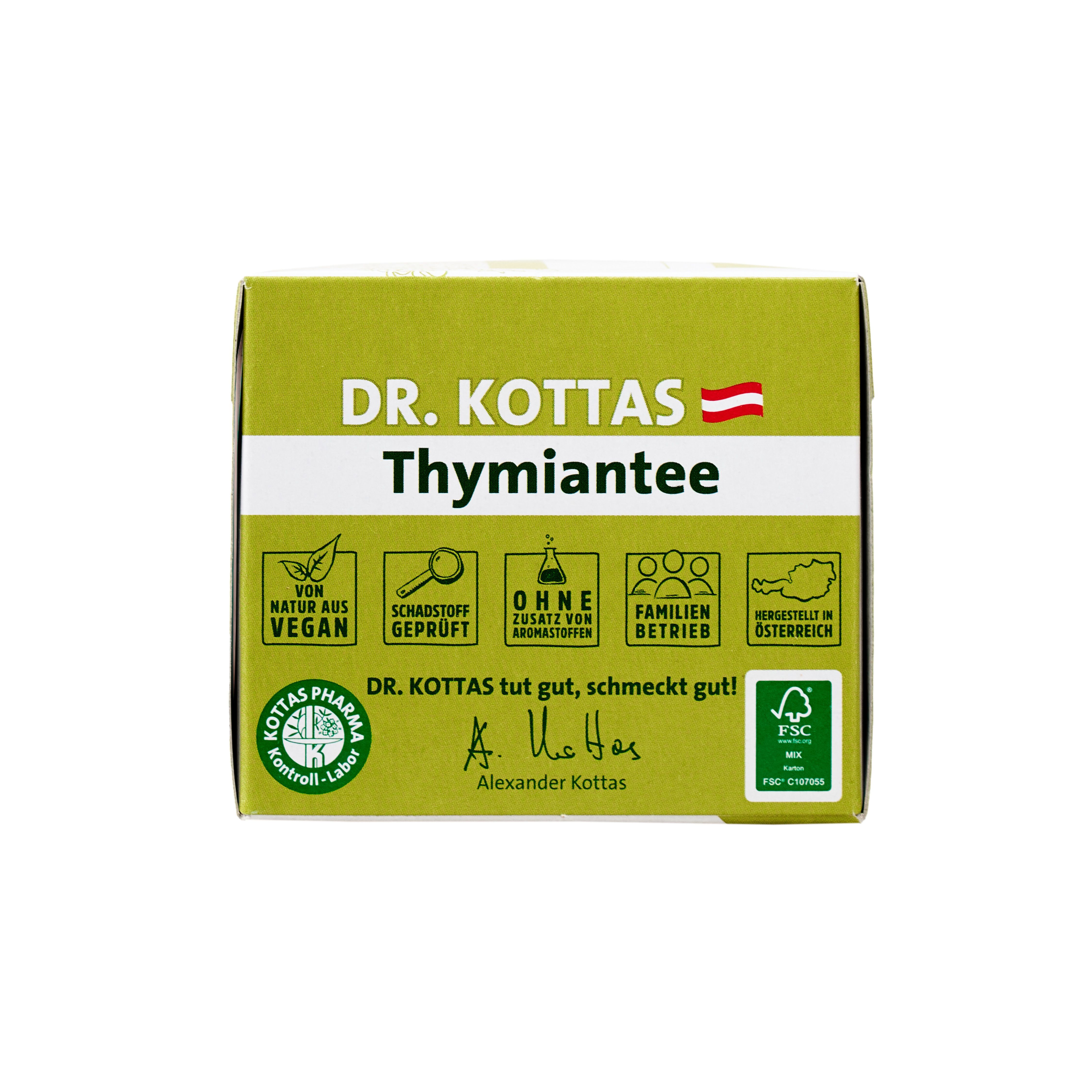 Dr. Kottas Thymiantee Kräutertee Verpackung mit Siegeln für vegan, schadstoffgeprüft und österreichische Herstellung.