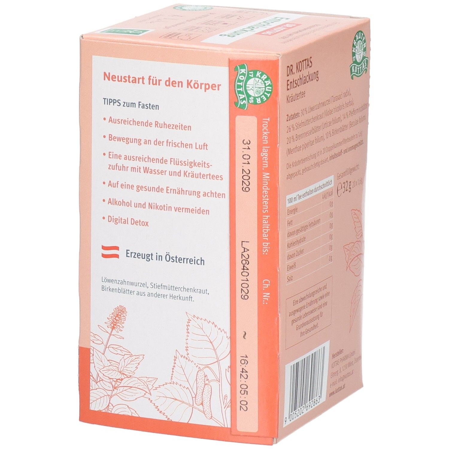 DR. KOTTAS Entschlackung Kräutertee Packung, Seite mit Tipps und Siegel.