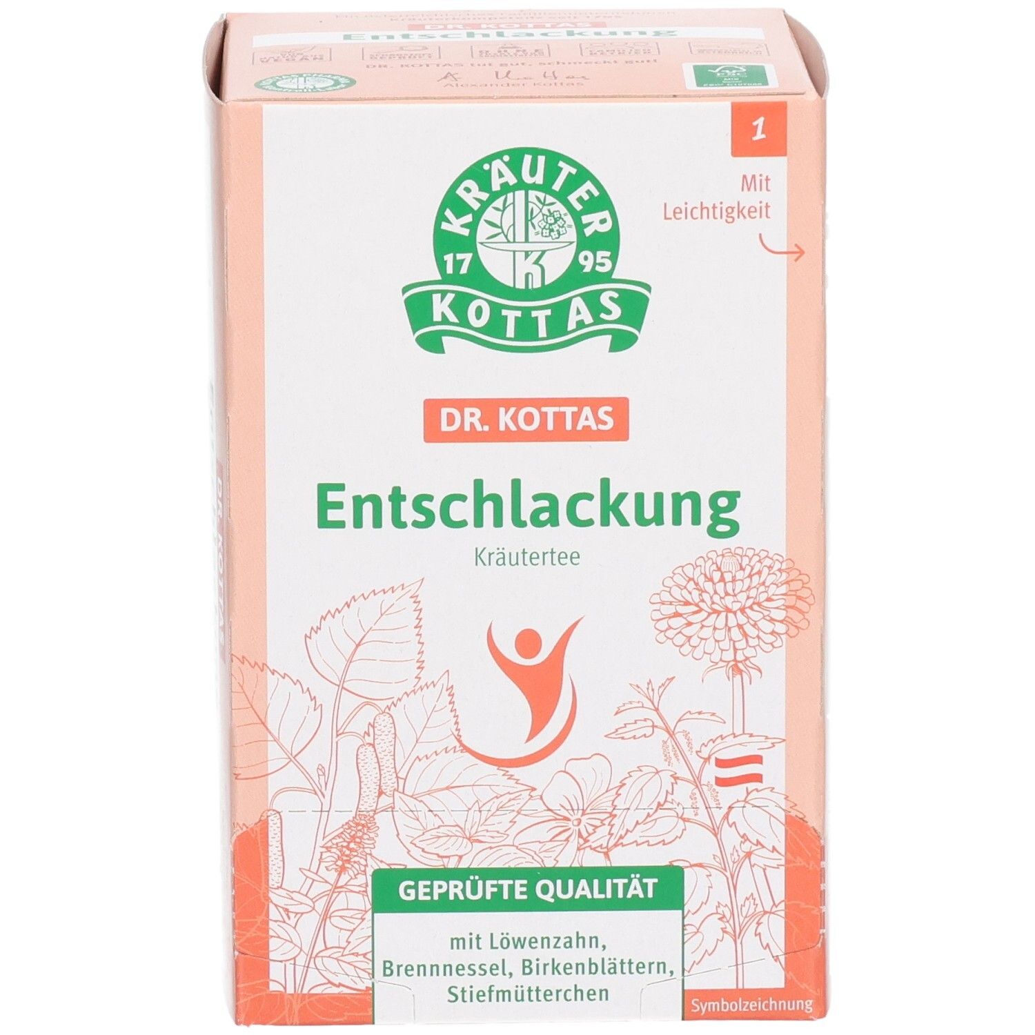 DR. KOTTAS Entschlackung Kräutertee Packung mit Kräutermotiv und Siegel.
