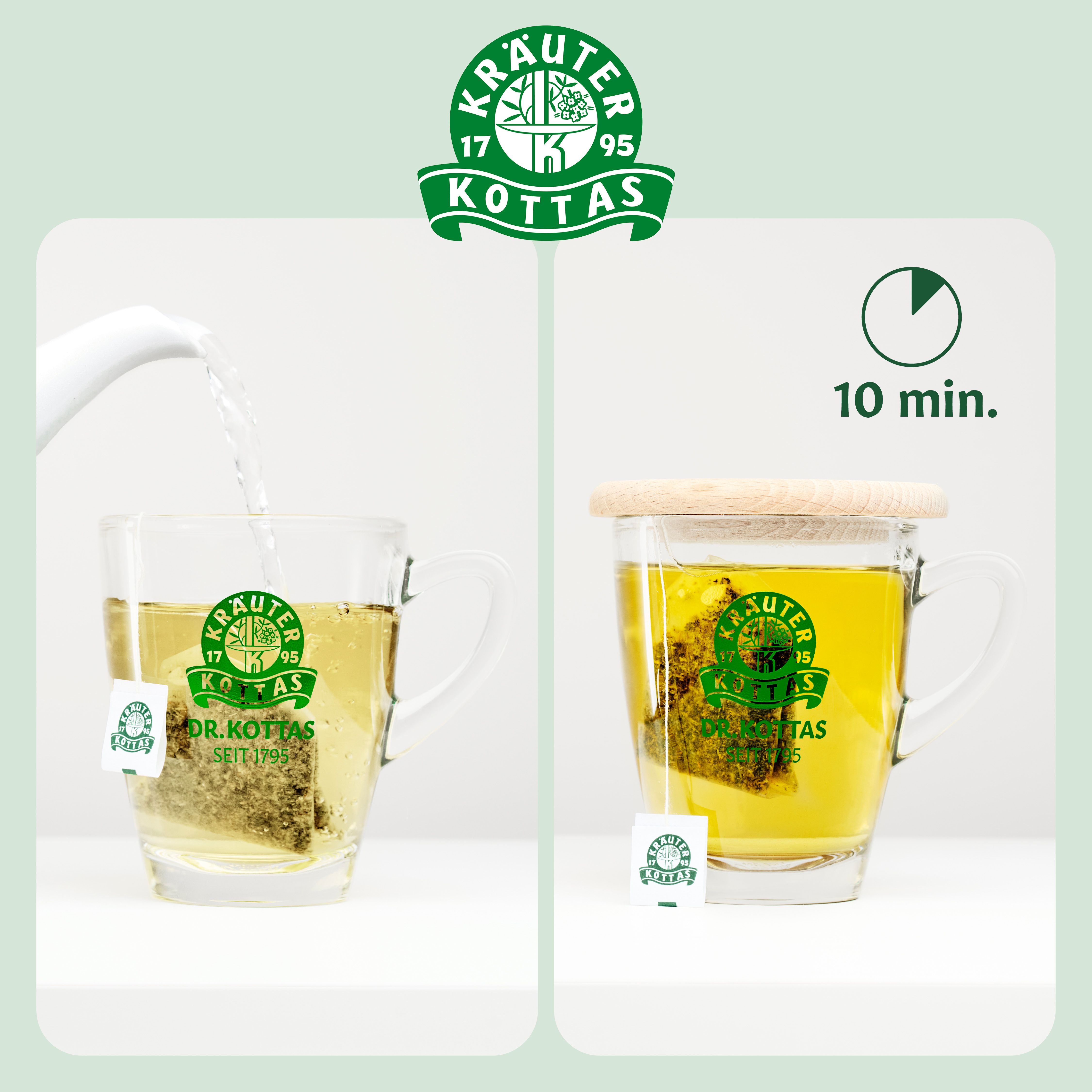 Zubereitung von Kräutertee: Heißes Wasser wird über einen Teebeutel in einer Tasse gegossen. Nach 10 Minuten Ziehzeit ist der Tee fertig.