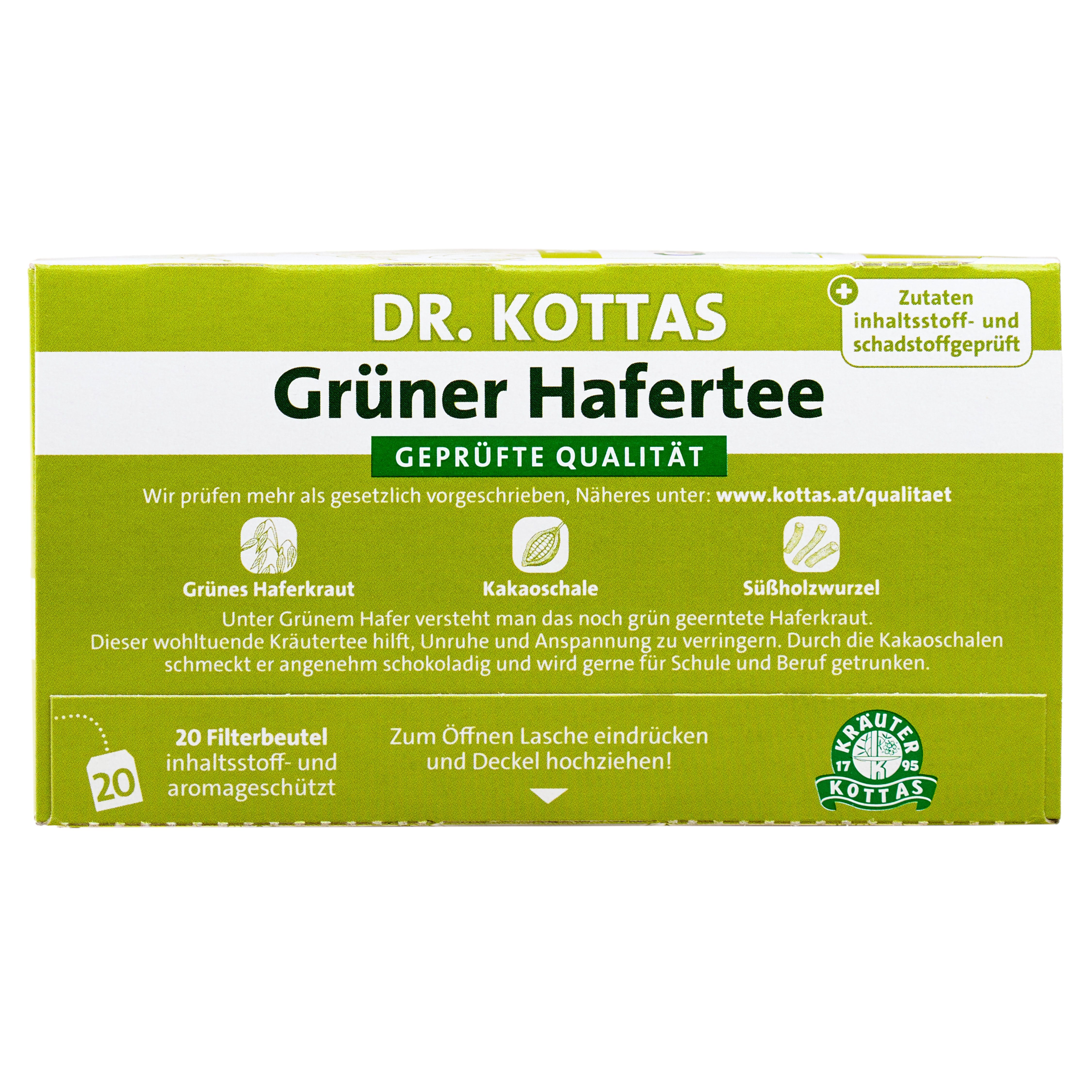Dr. Kottas Grüner Hafertee: 20 Filterbeutel, inhaltsstoff- und aromageschützt. Zutaten: Grüner Hafer, Kakaoschale, Süßholzwurzel.