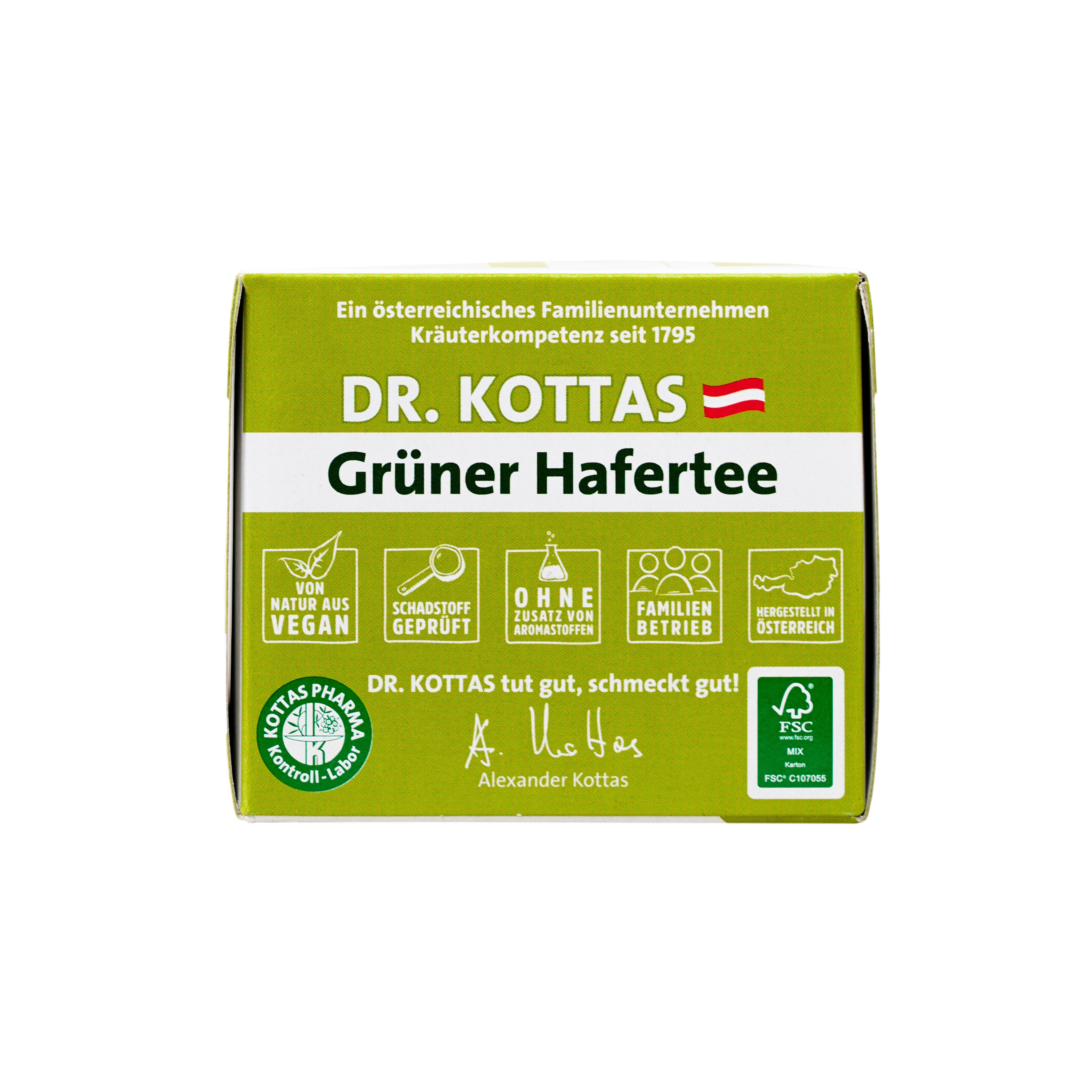 Packung Dr. Kottas Grüner Hafertee, Bio-Siegel, Siegel für schadstoffgeprüft und vegan.