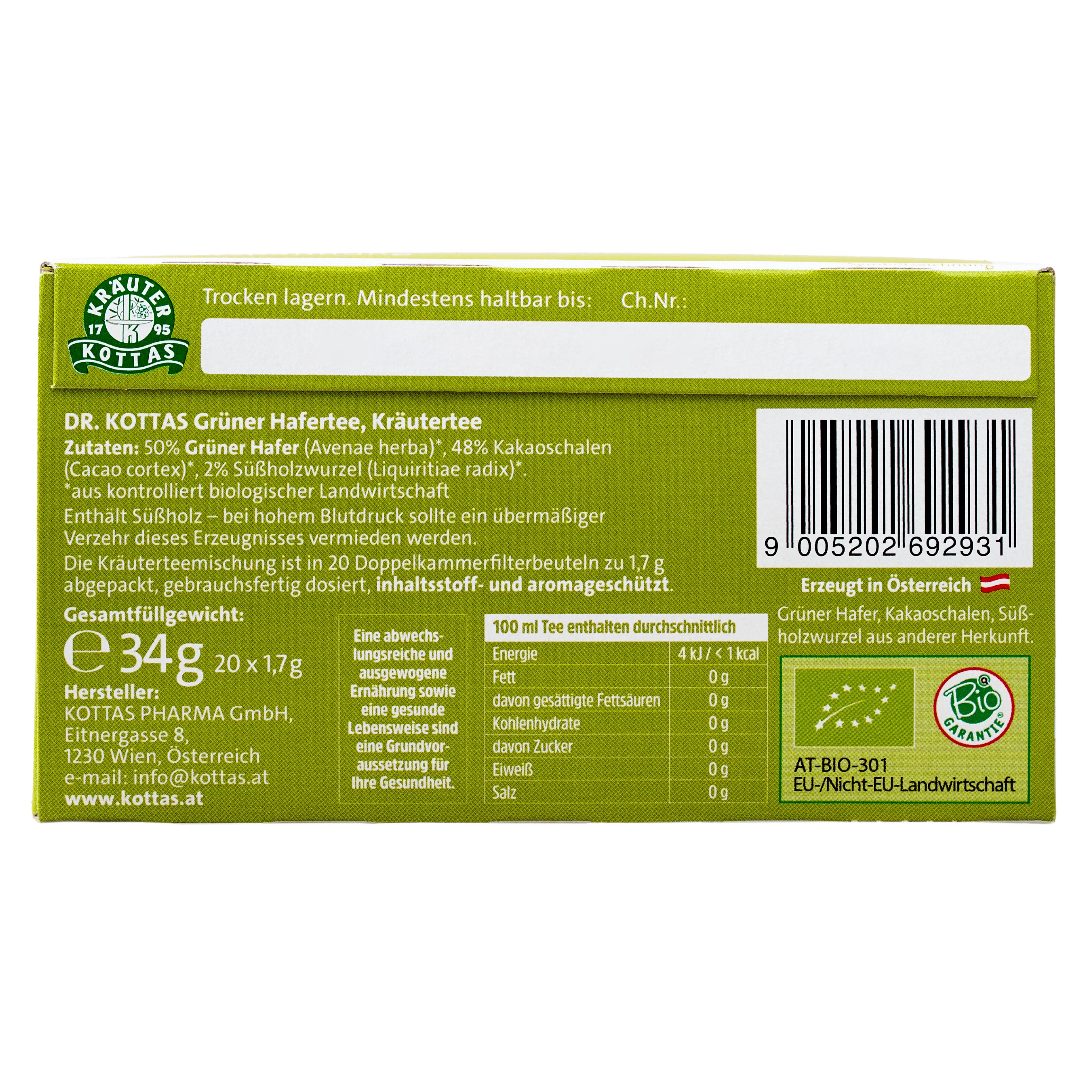 Dr. Kottas Kräutertee: Grüner Hafer, Kakaoschalen, Süßholzwurzel. 20 Doppelkammerfilterbeutel, 34g.