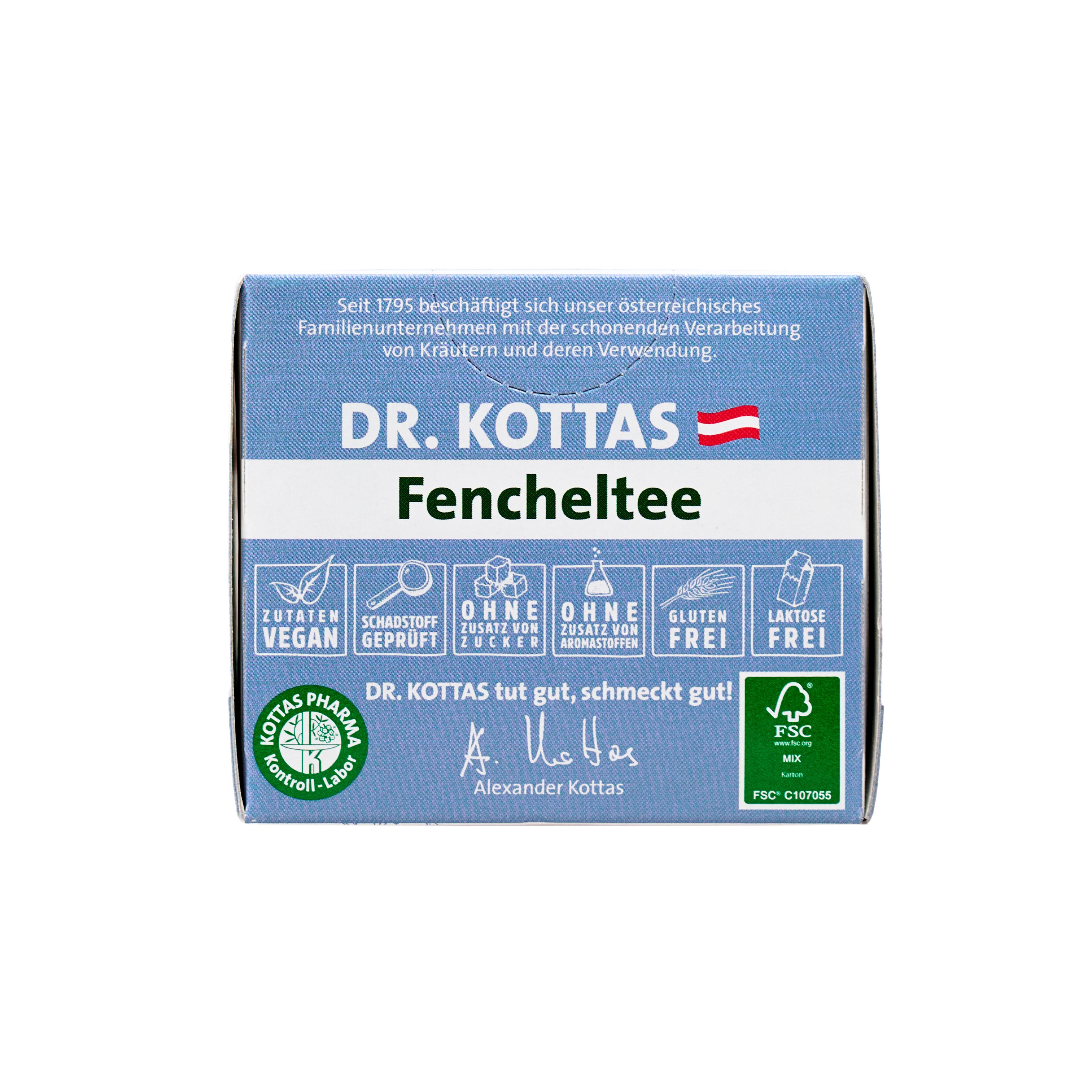 Dr. Kottas Fencheltee Kräutertee Packung mit Siegeln für vegan, glutenfrei, laktosefrei.
