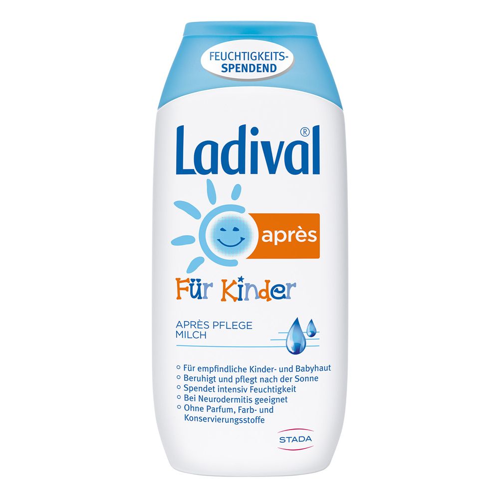 Bouteille blanche et bleue. Inscription: Ladival Après Pflege Milch Für Kinder. Hydratant.