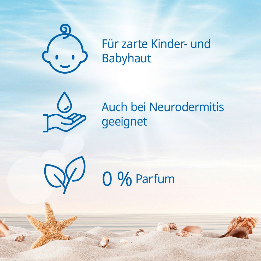 Symboles sur le sable: tête de bébé, goutte, feuilles. Texte: Pour peaux sensibles, aussi pour eczéma, 0% parfum.