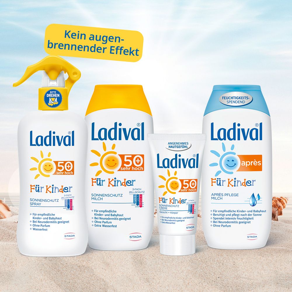 Quatre produits Ladival: Spray solaire, lait solaire, crème et lait après-soleil. Autocollant jaune: Pas de brûlure oculaire.