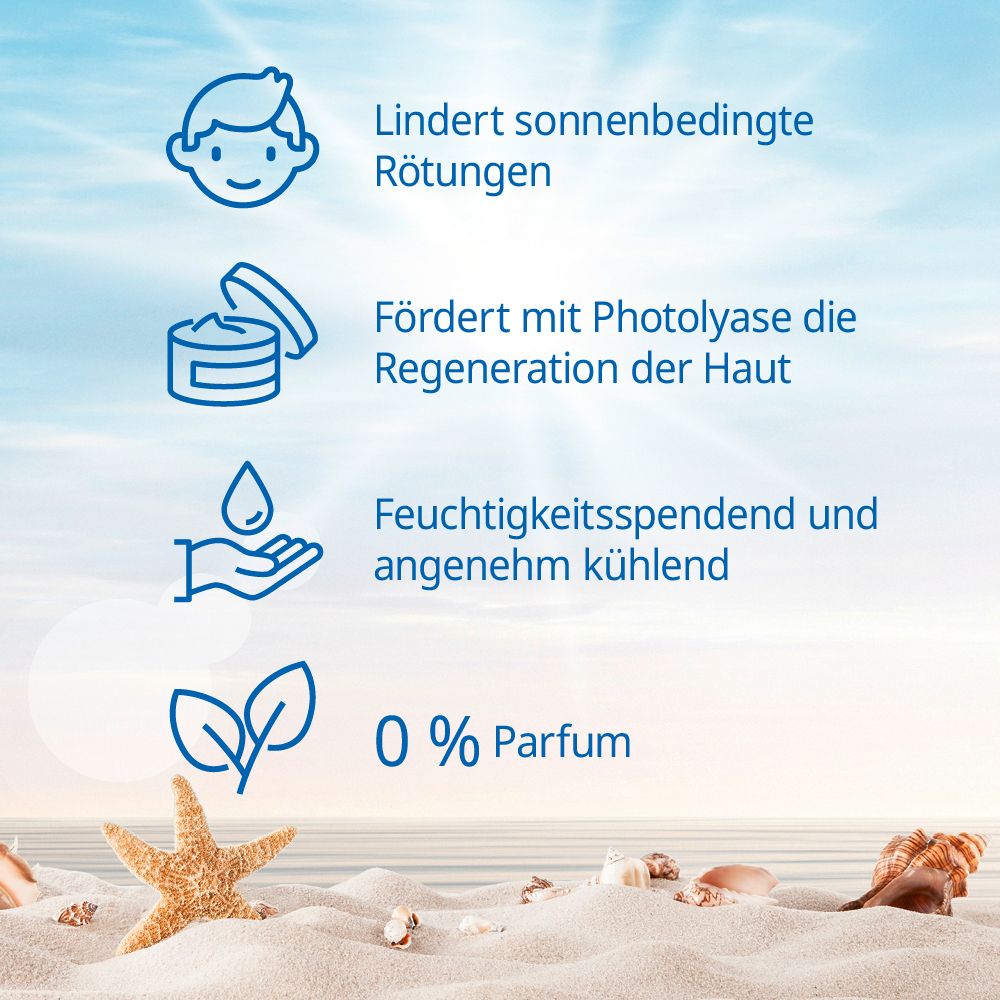 Grafische Elemente auf Strandhintergrund. Symbole und Text: Lindert sonnenbedingte Rötungen, fördert Regeneration, feuchtigkeitsspendend, 0% Parfum.