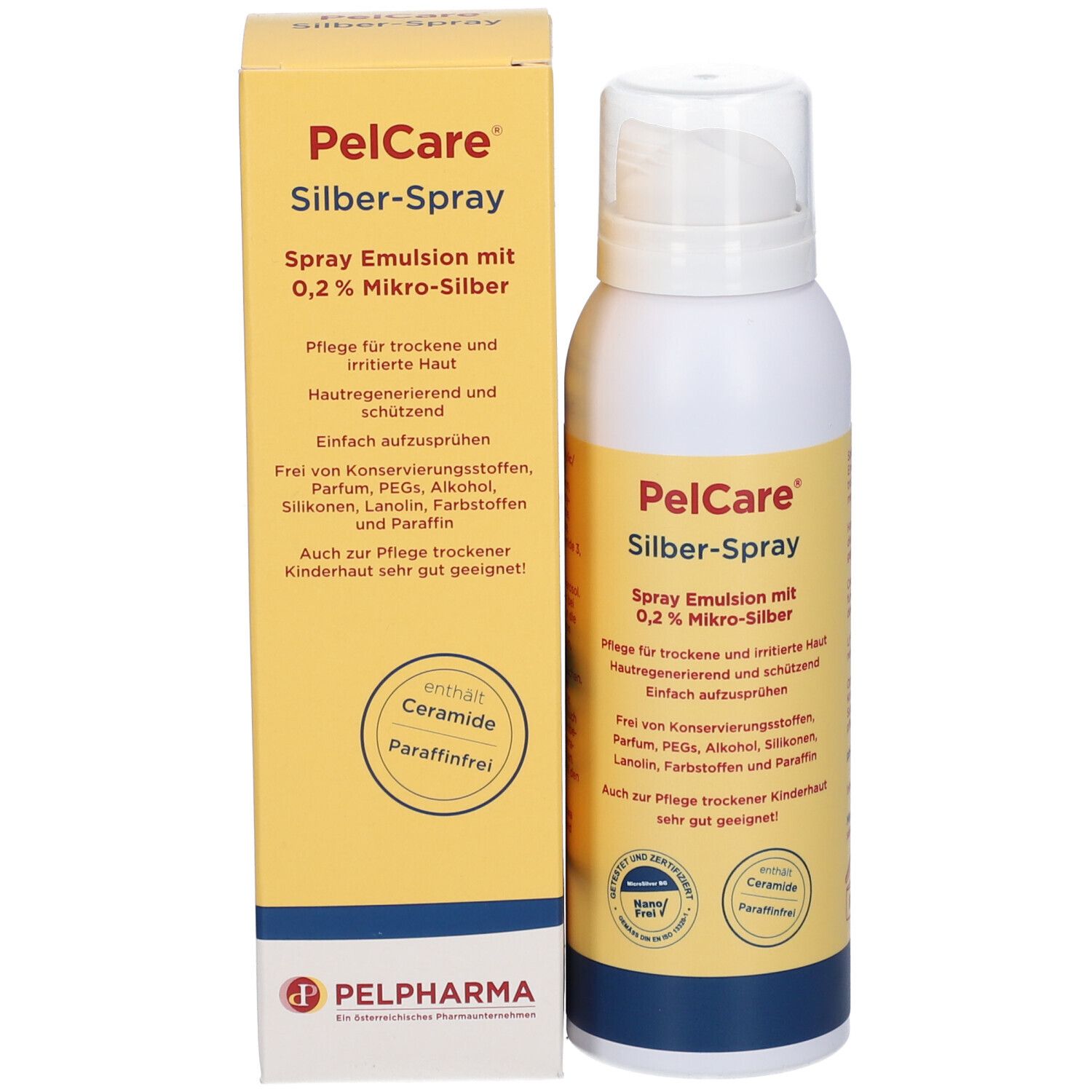 Produit et emballage. Flacon spray blanc et boîte jaune. Inscription : PelCare Silber-Spray. Logos et texte.