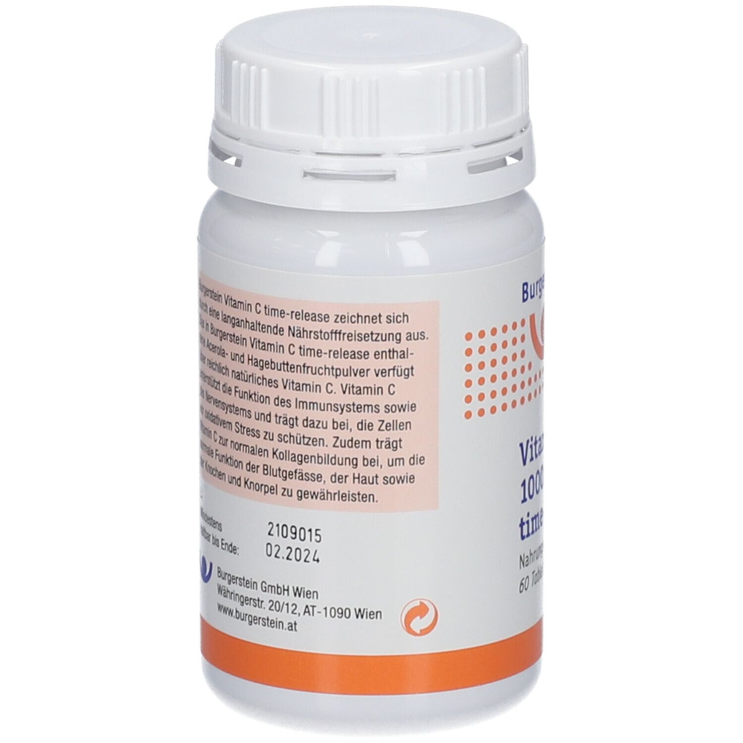 Rückseite der weißen Flasche mit Schraubverschluss. Orangefarbener Streifen. Text über Vitamin C und Inhaltsstoffe.