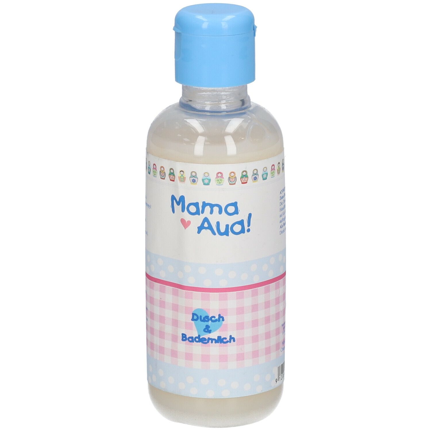 Flacon avec bouchon bleu. Étiquette avec "Mama Aua!" et "Dusch & Bademilch". Motif à carreaux roses et blancs.