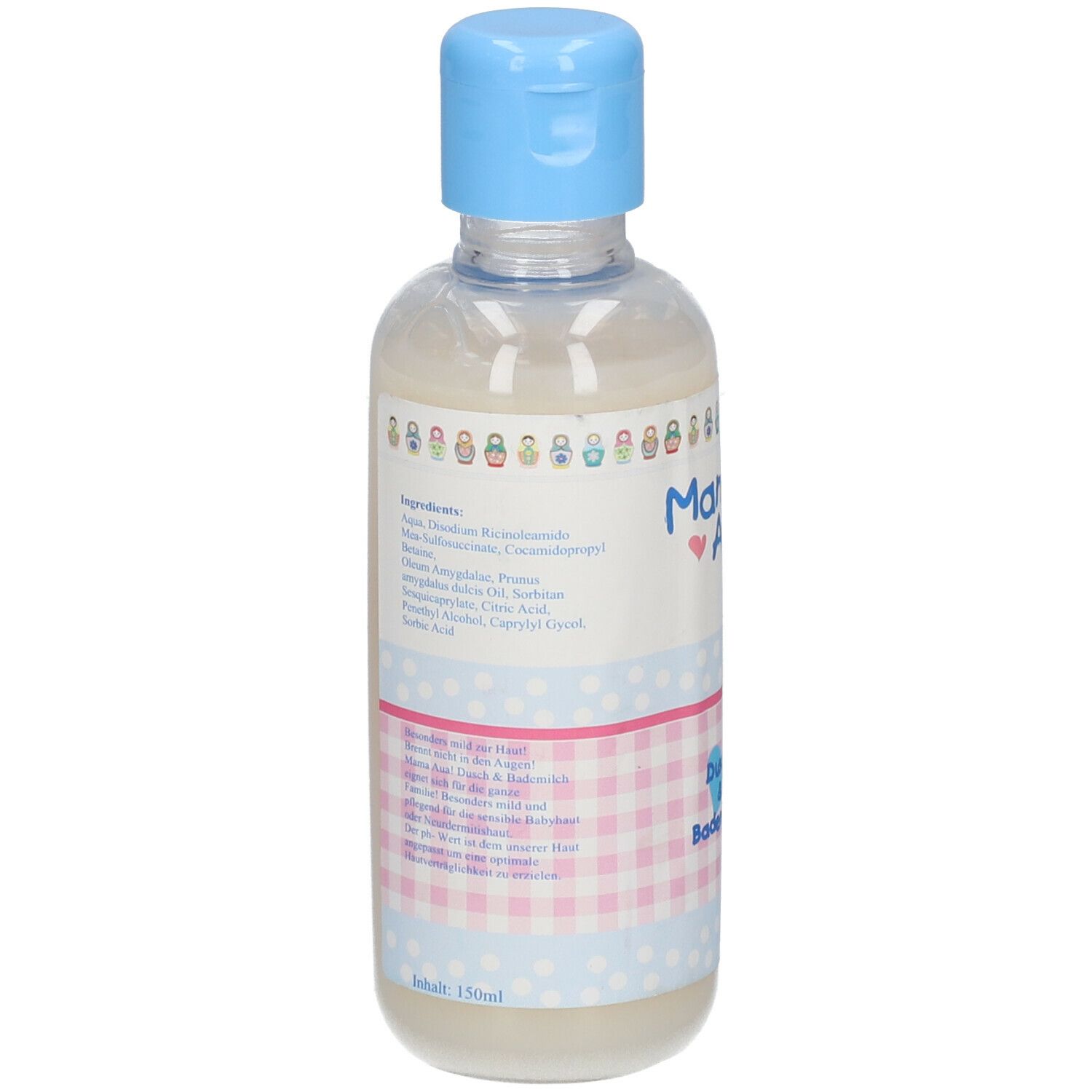 Flacon avec bouchon bleu. Dos avec ingrédients et texte. Motif à carreaux roses et blancs.