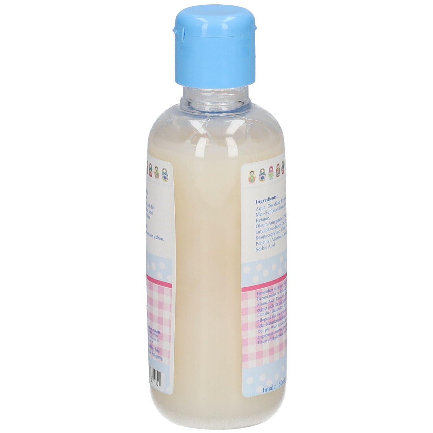 Flacon avec bouchon bleu. Dos avec ingrédients et texte. Motif à carreaux roses et blancs.