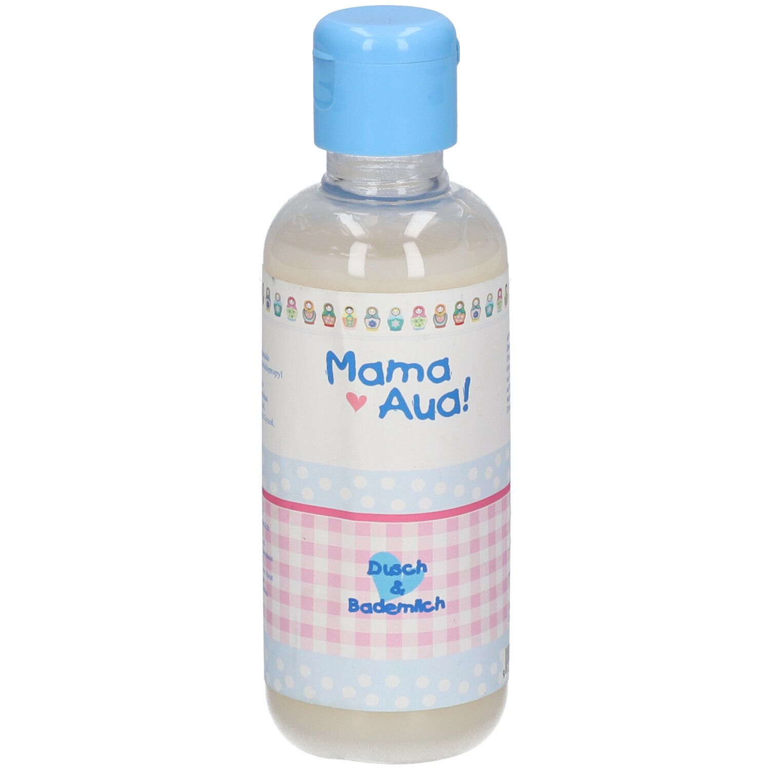 Flacon avec bouchon bleu. Étiquette avec "Mama Aua!" et "Dusch & Bademilch". Motif à carreaux roses et blancs.