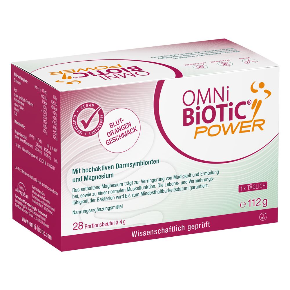 OMNi BiOTiC® POWER Karton mit 28 Portionsbeuteln à 4g, 112g Gesamtinhalt. Mit hochaktiven Darmsymbionten und Magnesium.