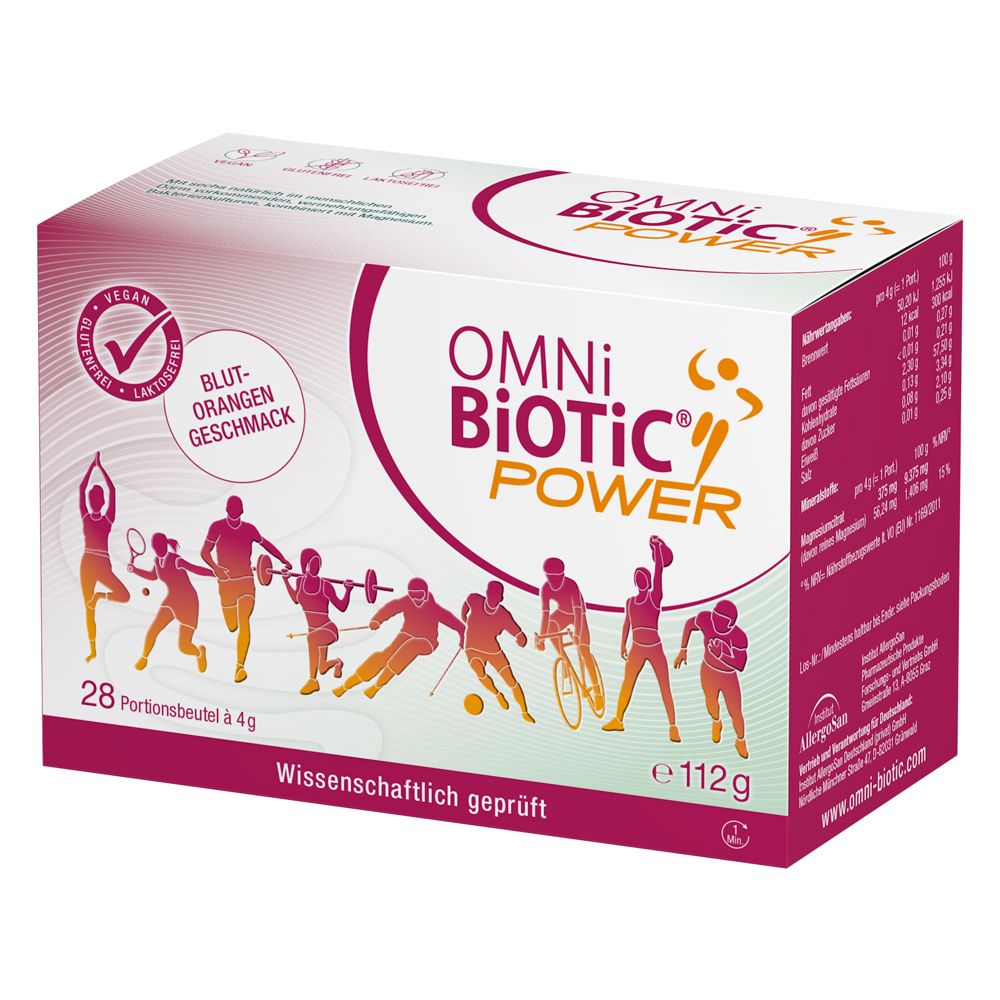 Vorderseite der OMNi BiOTiC® POWER Packung mit Darstellungen von Sportlern. Enthält 28 Portionsbeutel à 4g.