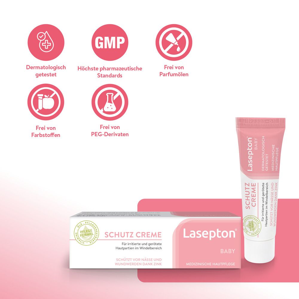 Schutz-Creme und Verpackung. Logos: dermatologisch getestet, GMP, ohne Duftstoffe.