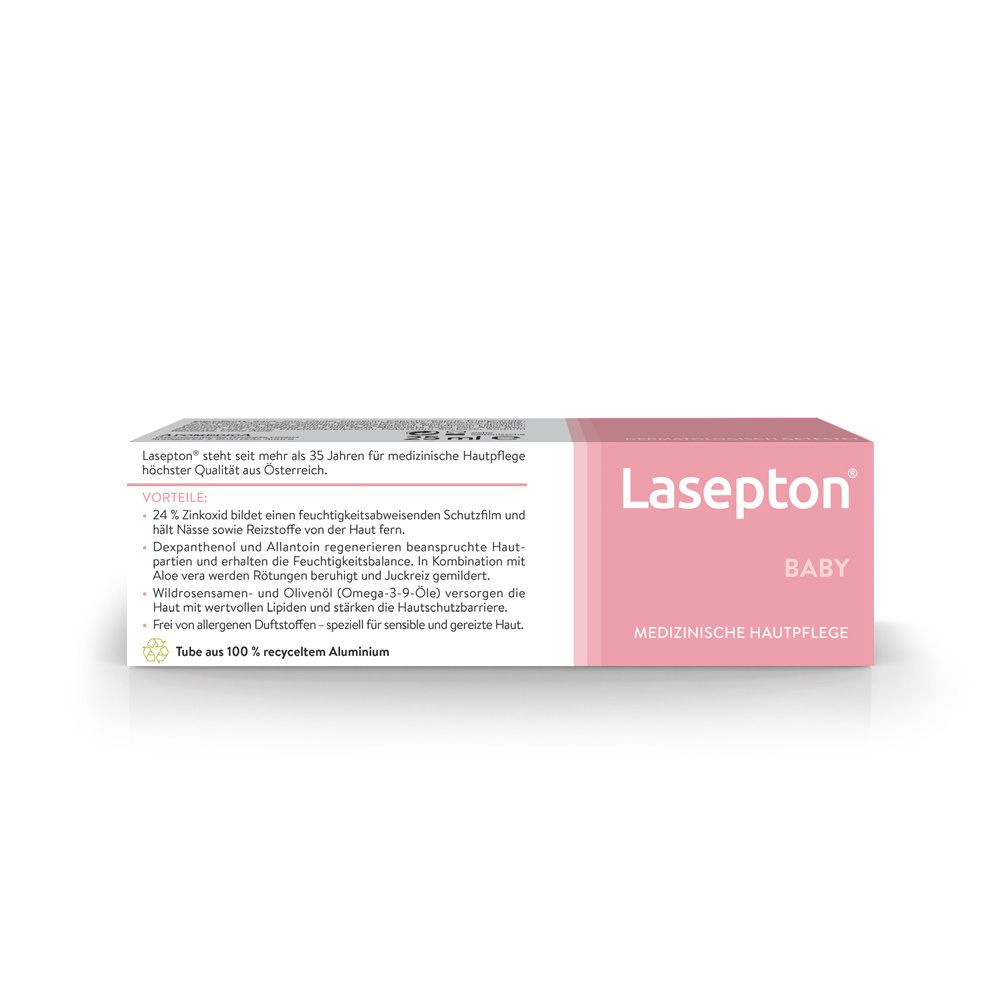 Produktverpackung. Text: Lasepton Baby Schutz Creme. Vorteile, Inhaltsstoffe.